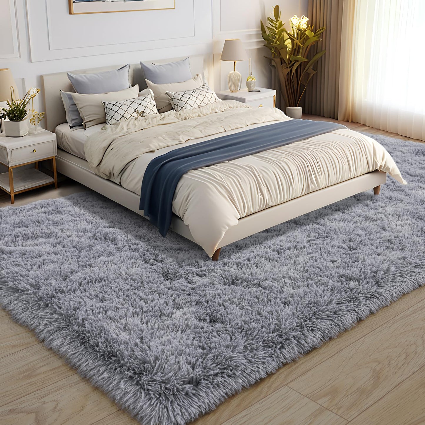 BSGIFT High Pile Rug, Grey, 160 x 230 cm, Shaggy Long Pile Fluffy Rug, Living Room, Modern Living Room Rug, Bed Rug, High-Pile Carpet, Non-Slip for Bedroom, Children's Room