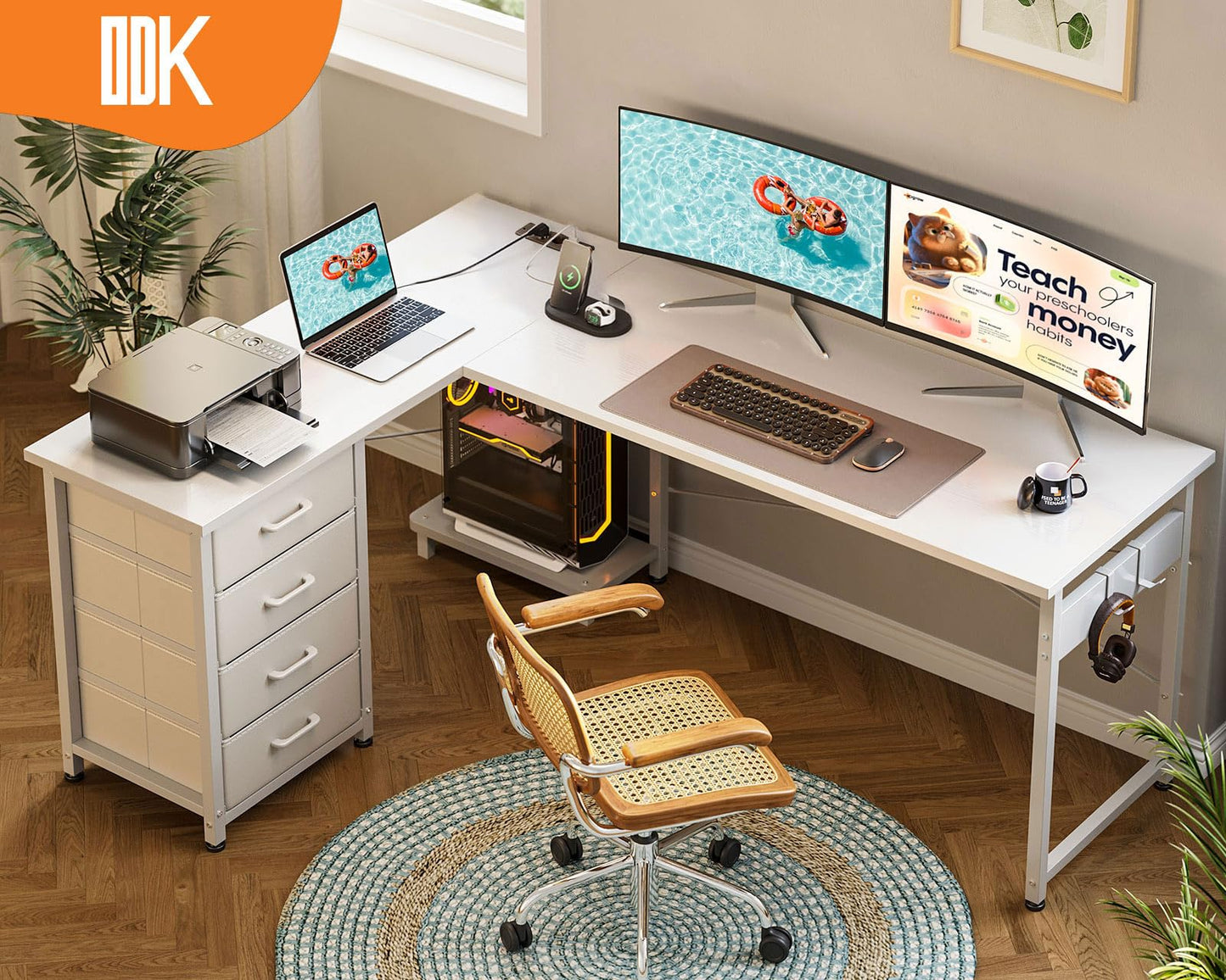 ODK Corner Desk with 4 Drawers, 135 x 100 cm, L Shape Desk with Socket and USB Charging Port, Reversible Desk with Storage Space for Home Office and Gaming, Black