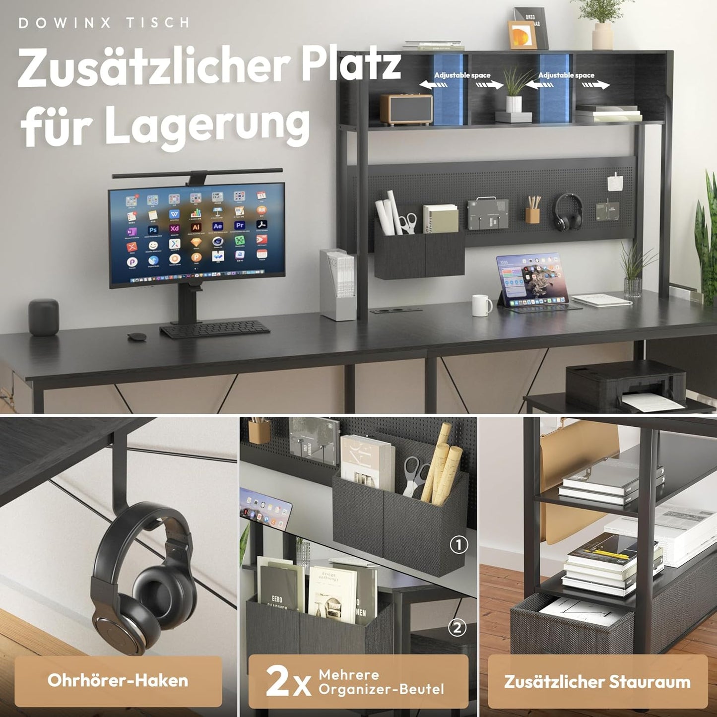 Dowinx LED Gaming Table, L-Shaped Desk with Pegboard and Storage Space, Reversible Computer Desk with Sockets and USB, Office Corner Desk for Home Game, Grey, 120 x 148 cm