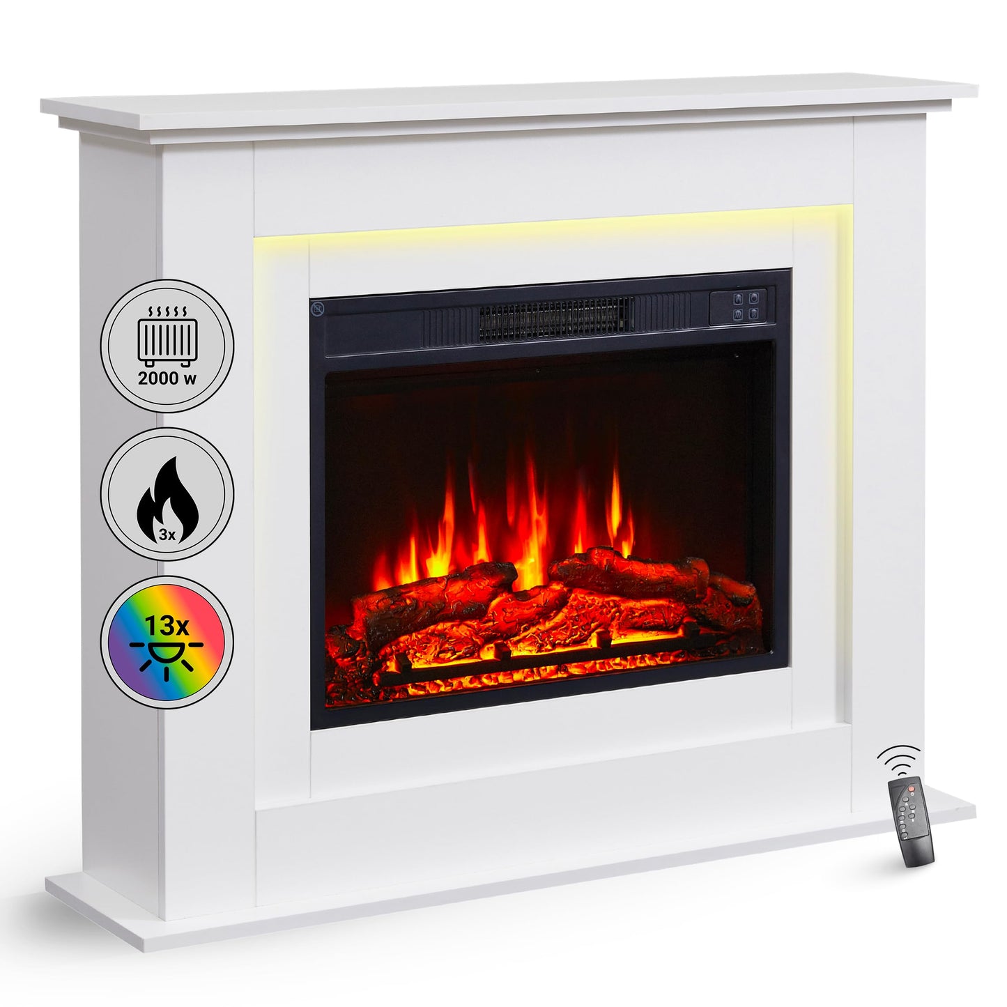 BALDERIA Finn Electric Fireplace, Electric Standing Fireplace, 3D Flame Effect, LED Ambient Lighting, Heating 2000 W, Timer, Thermostat, Start Control, Open Window Battery, Remote Control, Dark Oak