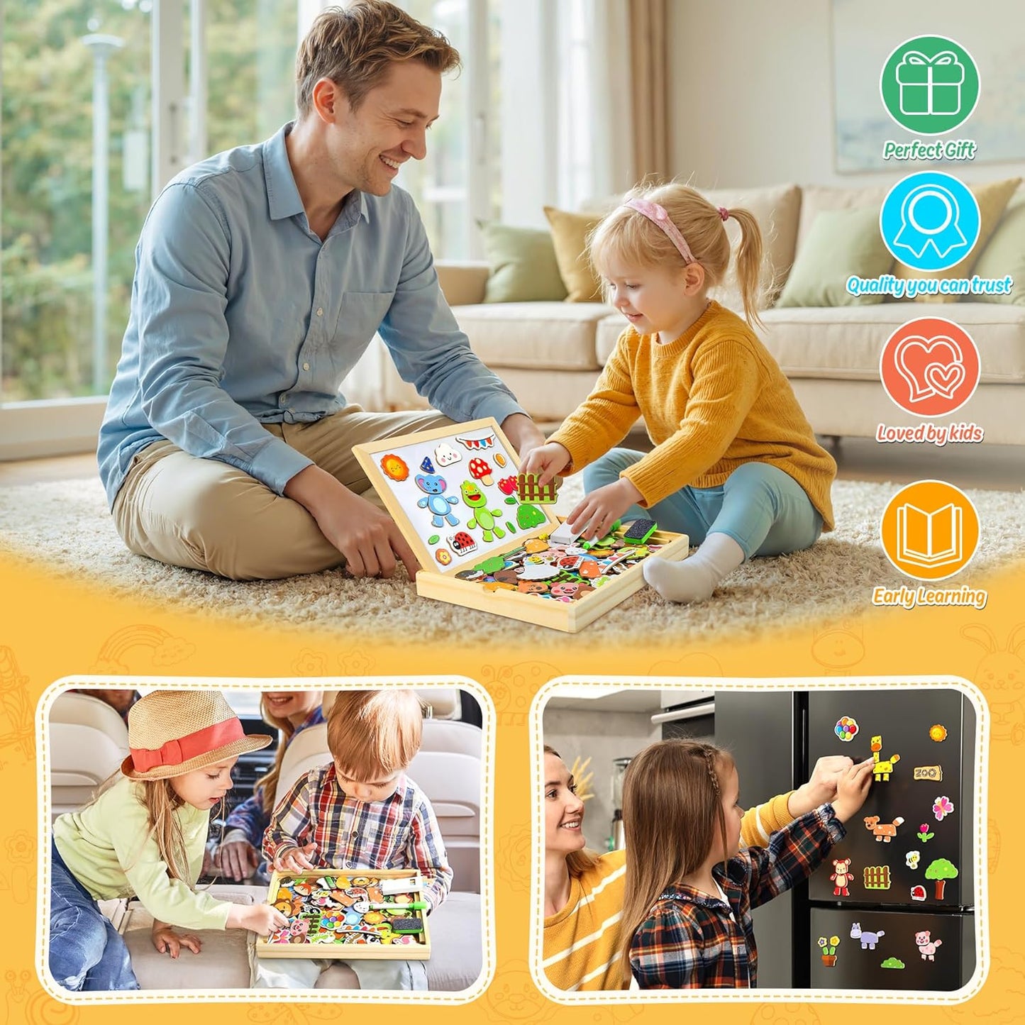 COOLJOY Magnetic Wooden Puzzles Double Sided Wooden Board Toy Learning Game for Children Boys Girls 3 4 5 Years Old