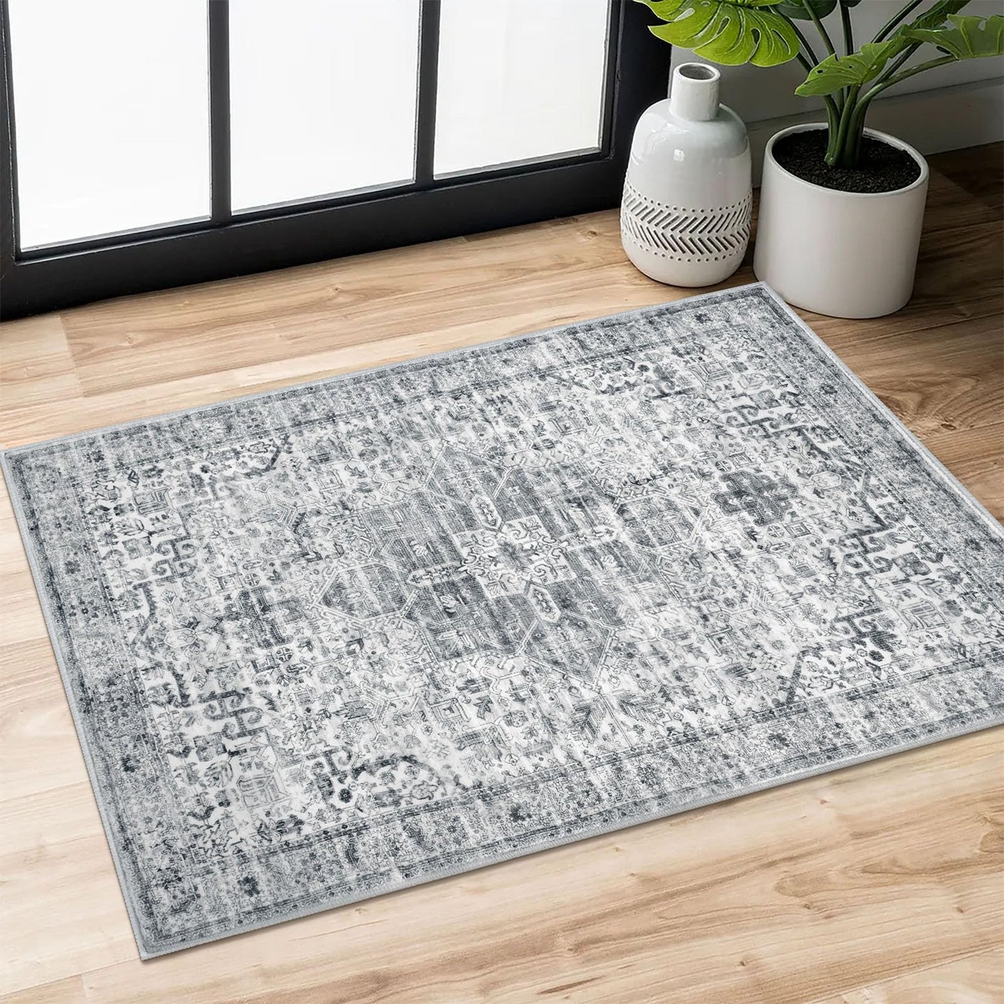 2x3 Blue Washable Rug for Entrance, Soft Traditional Area Rug, Non-Slip Printed Kitchen Rugs, Low-Pile Medallion Indoor Door Mat, Small Farmhouse Carpet for Entryway Kitchen Foyer Bedside