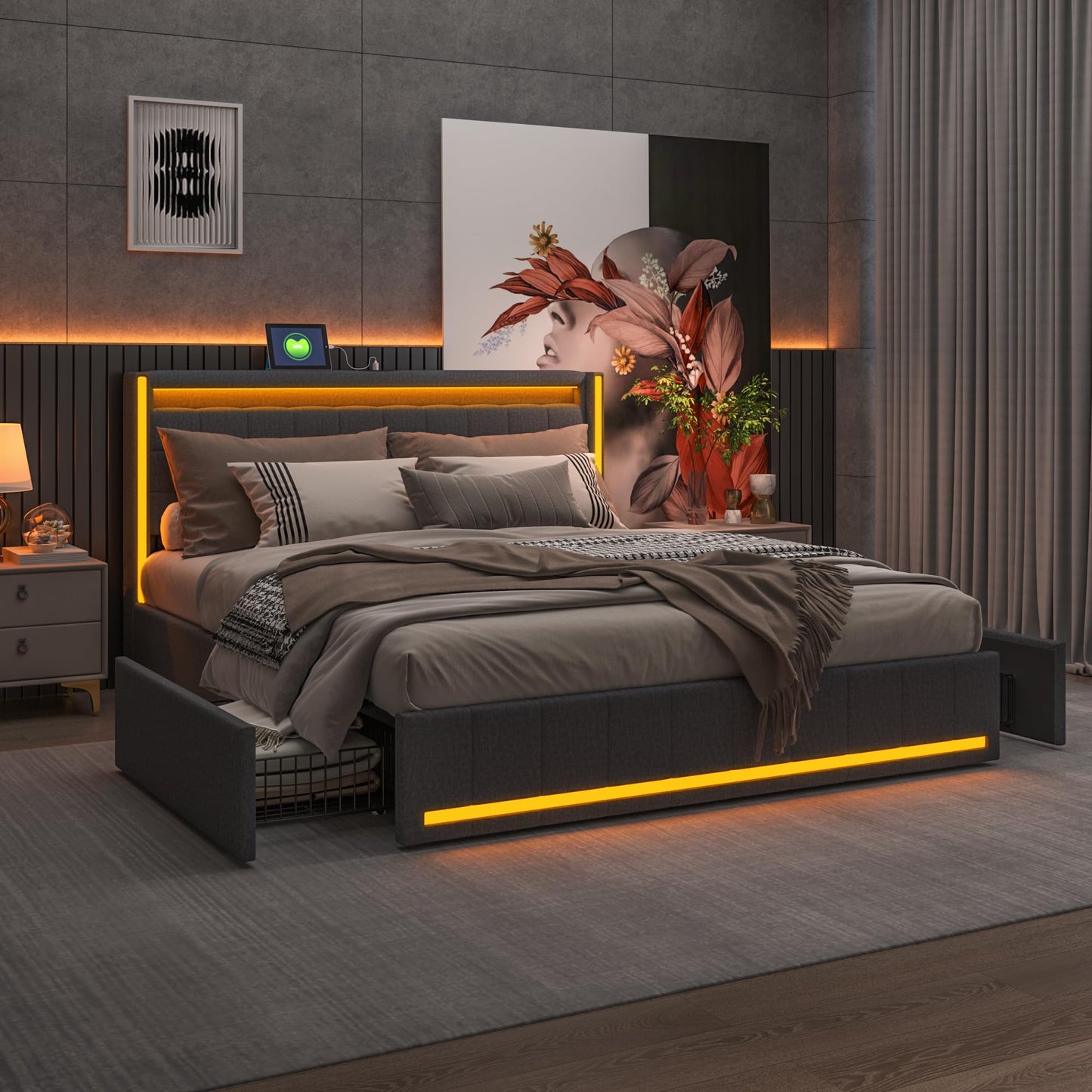 KeepGoon Doppelbett 140 x 200 cm,Polsterbett mit LED-Leuchten, 4 Eisenschubladen und einem USB Ladeanschluss,Stauraumbetten Bettgestell,Leinenstoff (Beige)