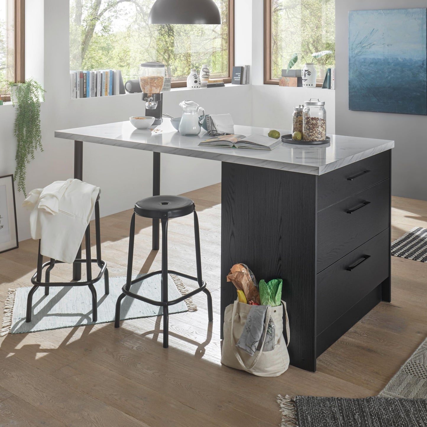 NEW YORK Moderne Küchenzeile ohne Elektrogeräte in Graphit Schwarz, Marmor Optik FSC-zertifiziert - Geräumige Einbauküche mit viel Stauraum - 320 x 210 x 60 cm (B/H/T)