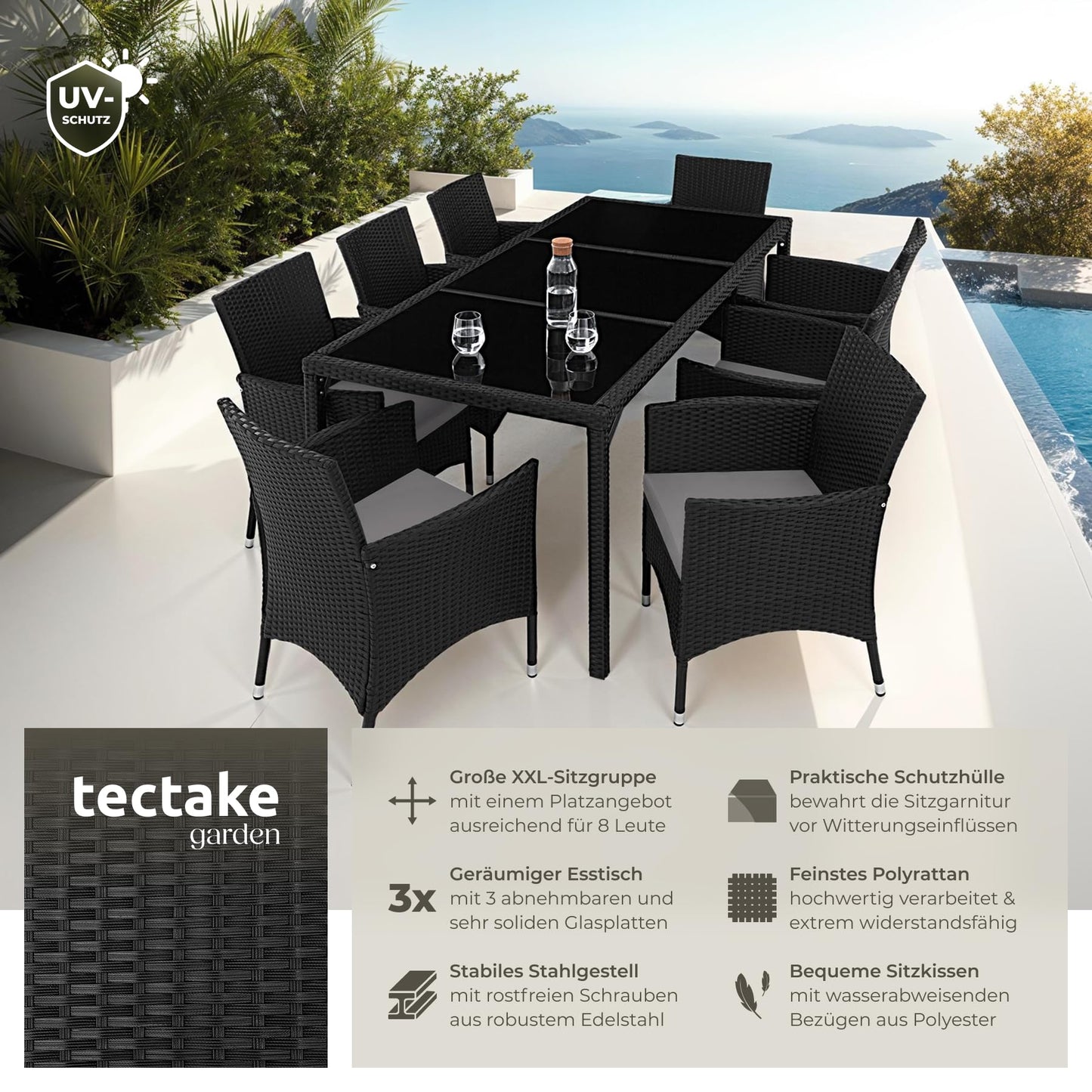 tectake® edles Outdoor Gartenmöbel Set Rattan Sitzgruppe mit Sessel und Tisch für 8 Personen, inkl. Schutzhülle und Polstern, Balkon Möbel wetterfest - Natur/dunkelgrau