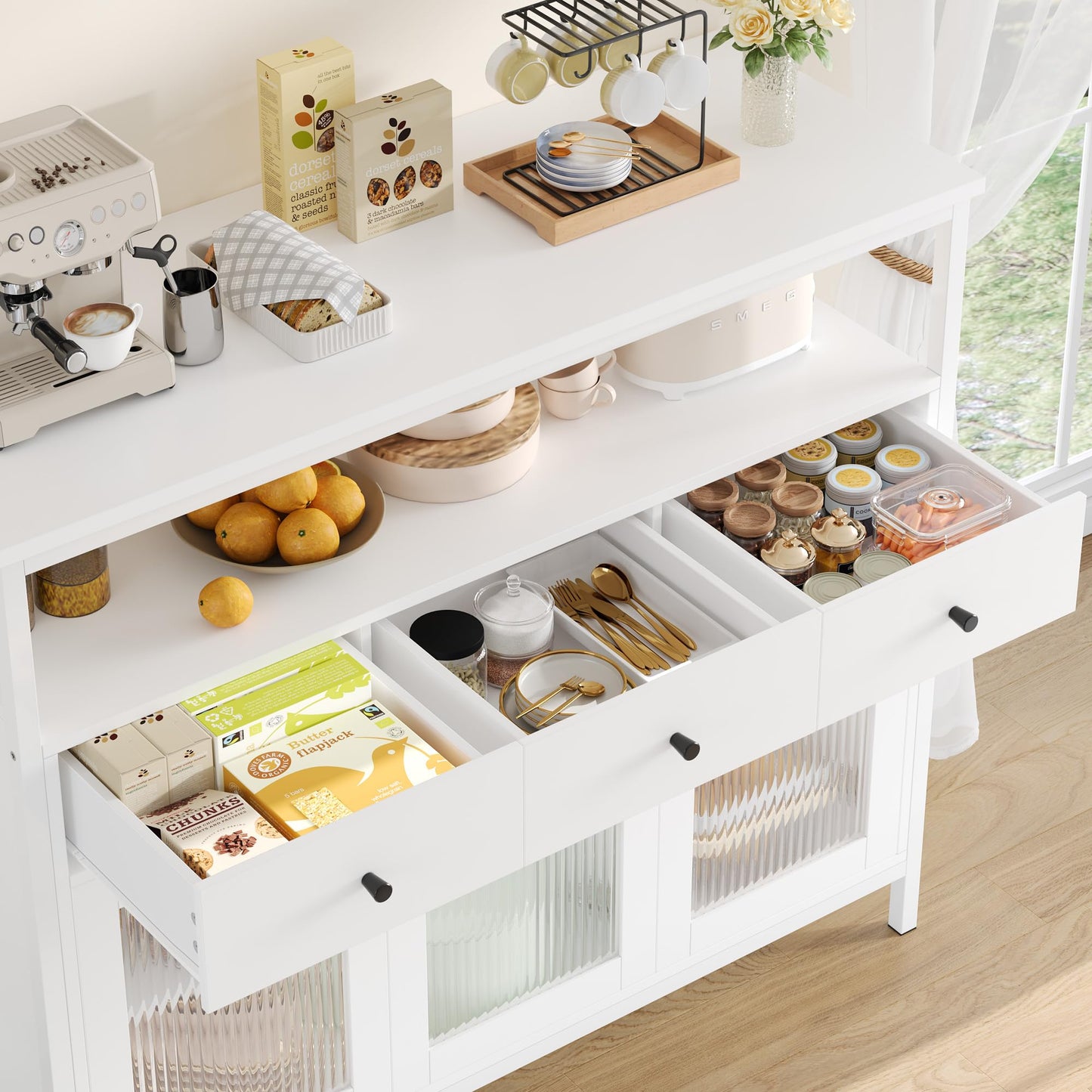 FirFurd Sideboard Küchenschrank mit Arbeitsplatte &3 Schubladen&3 Glastüren, Buffetschrank Kommode Kaffeebar Mehrzweckschrank, Sideboard für Wohnzimmer Küche Esszimmer 108 x 38 x 98,5 cm schwarz