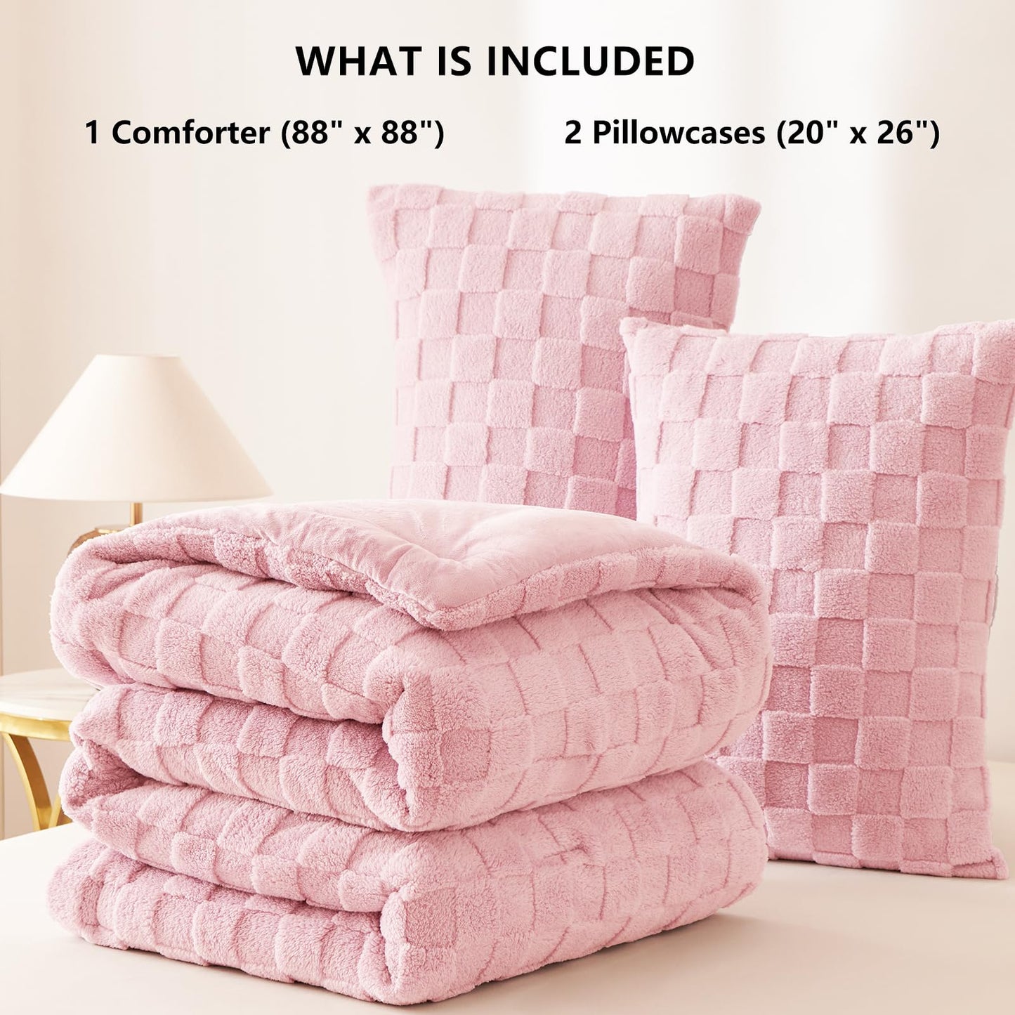 CozyLux Queen Size Comforter Set Blush Pink, Fluffy Plush Fleece Comforter with Checkered Pattern, Farmhouse Boho Soft Warm Bed Set, 3 Pieces, 1 Comforter and 2 Pillowcases