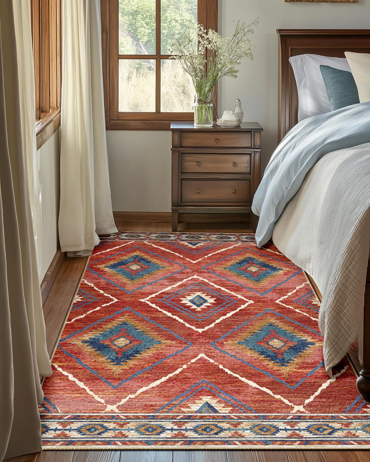 DEFYNEE Teppich Wohnzimmer 120 x 180 cm – Waschbarer Kurzflor Teppich, rutschfest, Vintage & Boho Stil, Pflegeleicht – Für Flur, Wohnzimmer, Schlafzimmer & Esszimmer, Dunkelblau