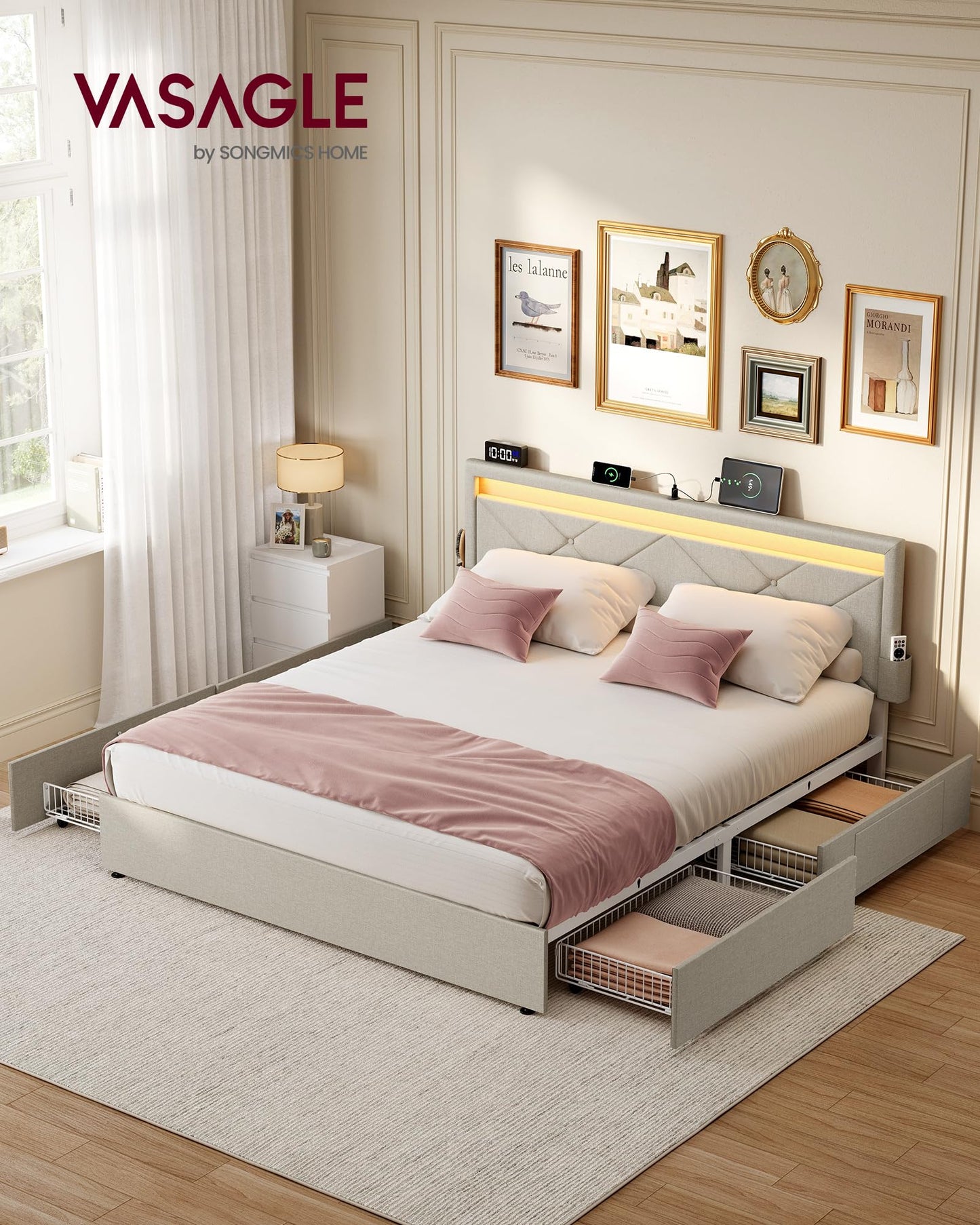 VASAGLE Double Bed Frame - Fits 140 x 200 cm Mattress - LED Metal Bed - 4 Drawers - Charging Station - Adjustable Padded Headboard - Slate Grey RMB827G02