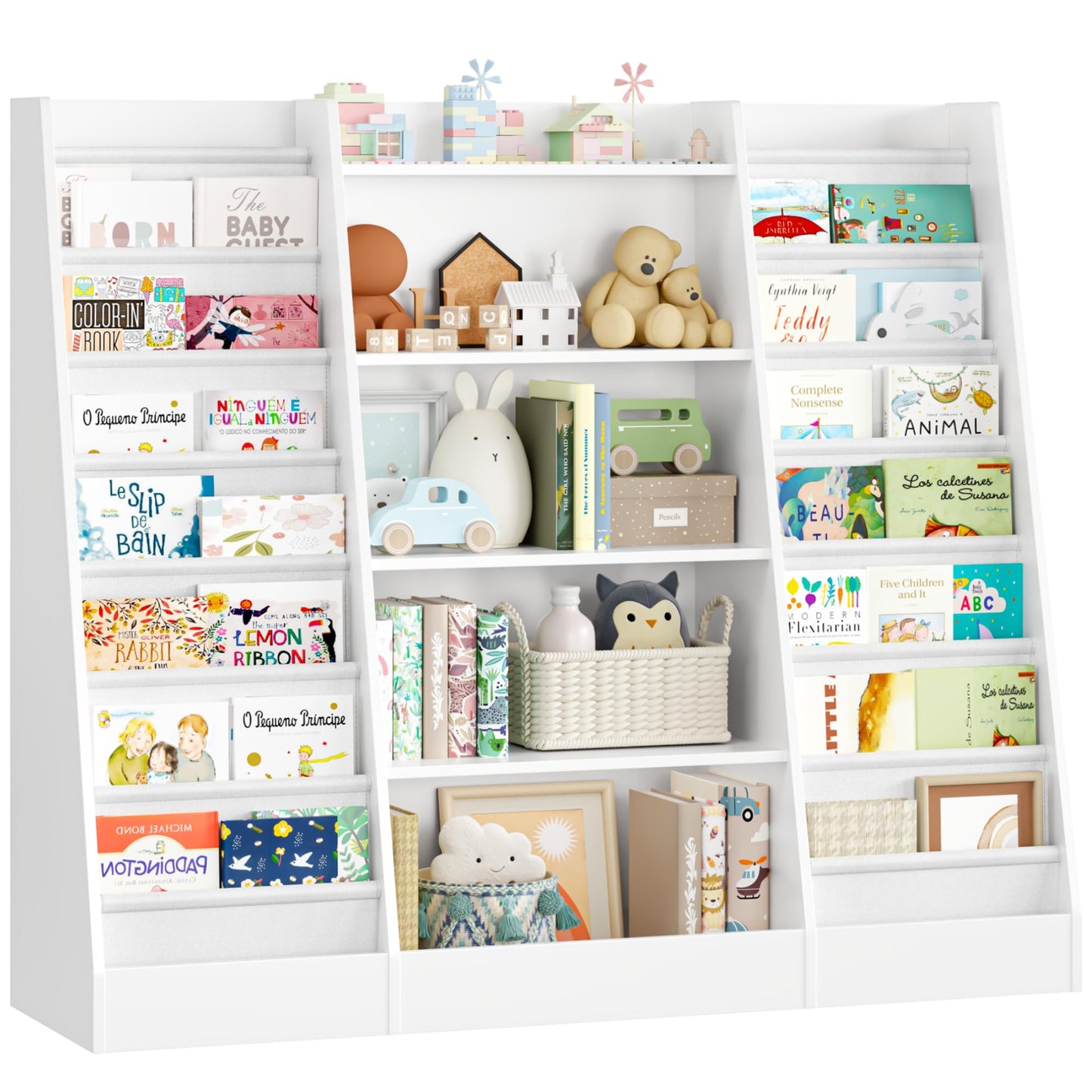 FOREHILL 129 cm Breite Kinderregal, Bücherregal für Kinder mit 14 Ablagen, Kinderzimmer Möbel aus Holz, Spielzeugregal, Regal für Kinderzimmer, Kindergarten, Leseecke, 129 x 120 x 35 cm (weiß)