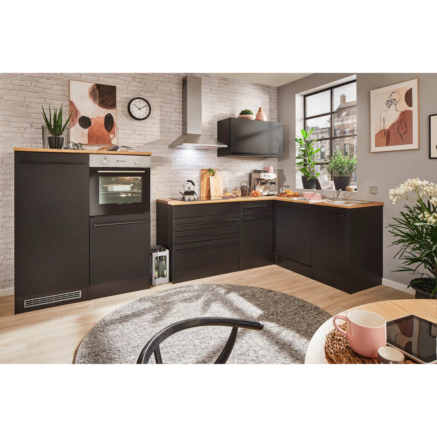 Jazz 4 Modern Corner Kitchen with Electrical Appliances in White High Gloss, Metallic Grey - Spacious Kitchen Unit in L-Shaped with Lots of Storage Space - 320 x 200 x 60 cm (W x H x D)