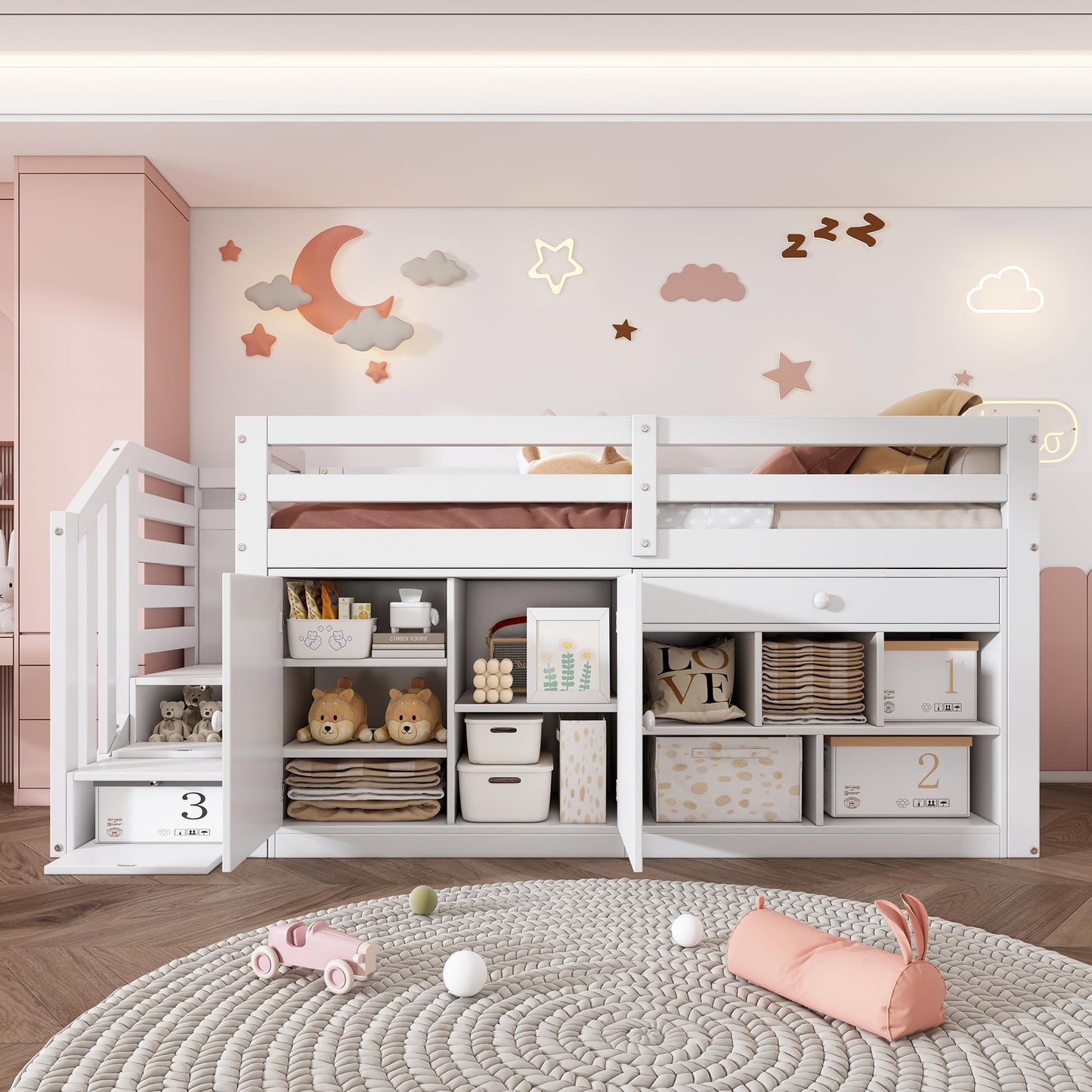 xixiworkshop Kinderbett 90x200cm Ausziehbett Bett mit Stauraum und USB-Steckdose/Mehreren Ablagefächern multifunktionales Jugendbett/Gästebett/Doppelbett mit Stauschrank Lattenrost,Ohne Matratze,Grau