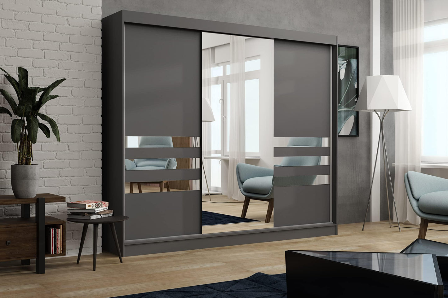 Brent - Kleiderschrank mit Spiegel Henry, 250cm Breit, Schlafzimmerschrank mit 1 Kleiderstange und Einlegeböden für Kleidung, Kleiderschrank Grau