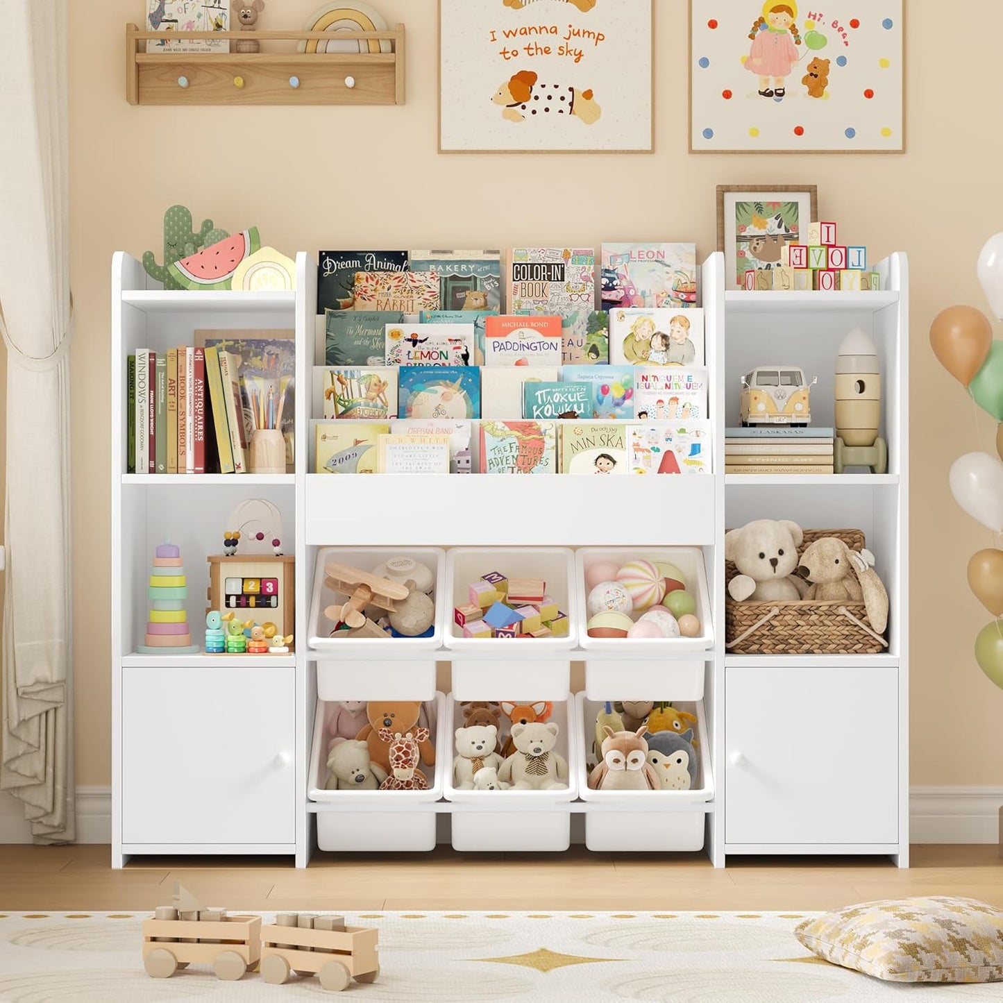 FOREHILL Children's Shelf with Children's Bookcase, Children's Room Furniture Made of Wood, Bookcase for Children with Storage Box, Children's Cabinet with Toy Box, Children's Shelf with 6 Boxes, 119