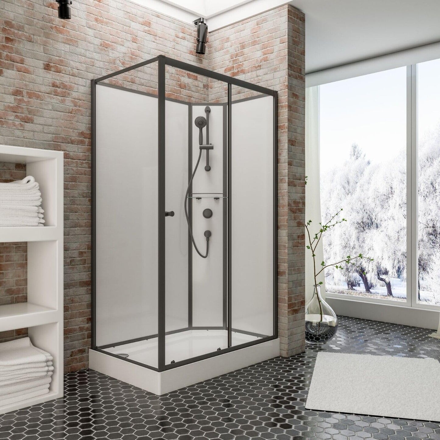Schulte Ibiza Complete Shower 120 x 80 cm Shower Temple 5 mm Safety Glass Profile Matte Black Shower System Matte Black Rear Panels White Shower Tray White