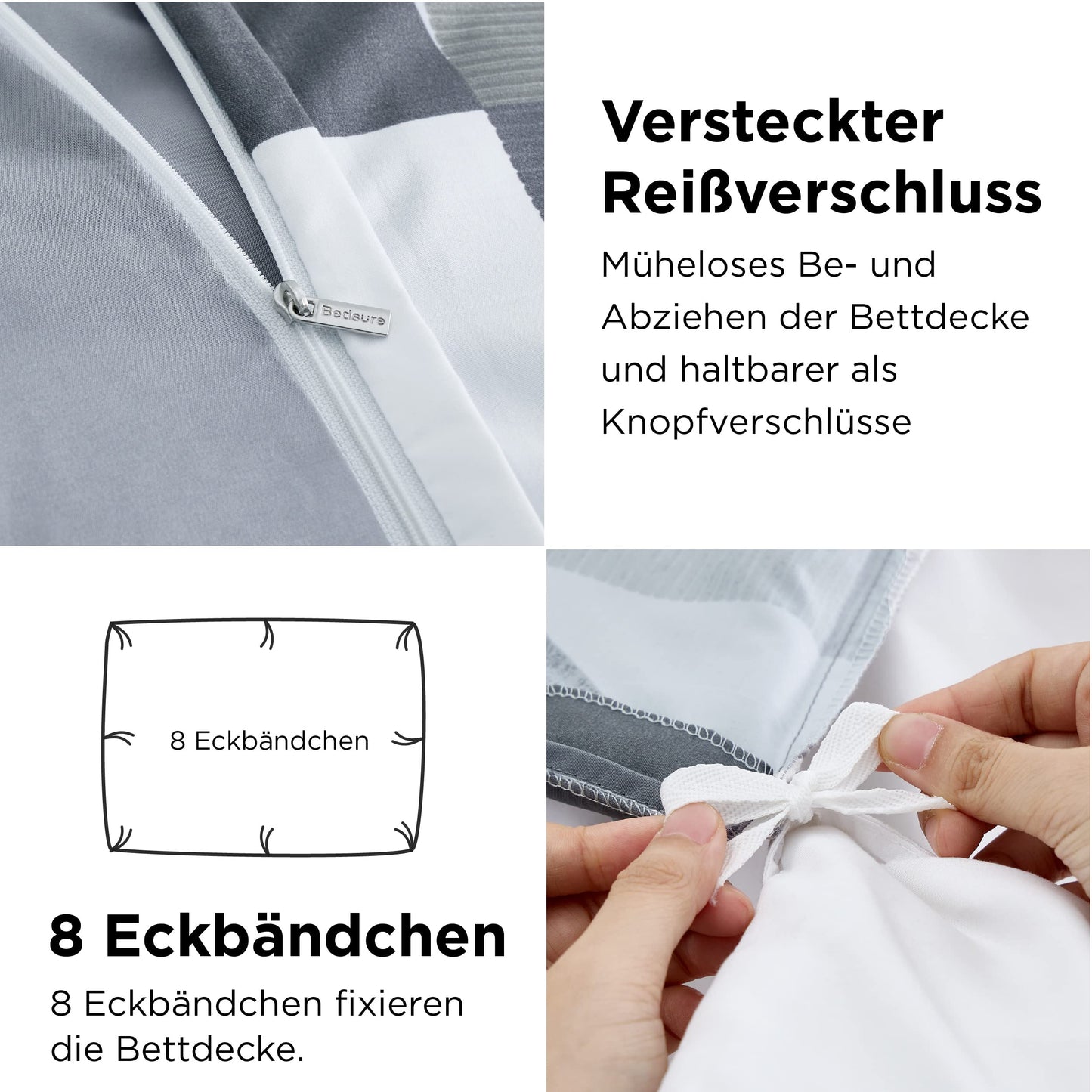 BEDSURE Bettwäsche 135x200 4teilig Bettbezug - Bettwäsche-Sets 135 x 200 cm 2er Set mit 2 Kissenbezüge 80x80cm, ÖKO-TEX Wendebettwäsche Bedding Zweige Grau Muster mit Reißverschluss