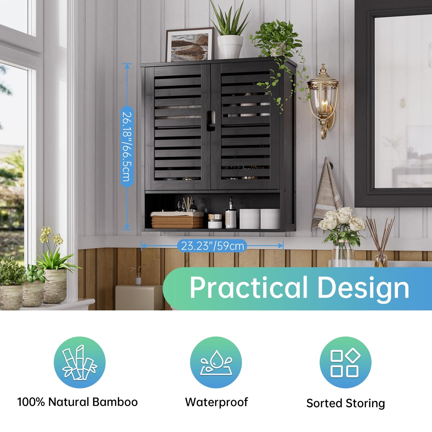 SMIBUY Bathroom Cabinet, Wall Mounted, Bamboo Over the Toilet Storage Organiser, Space Saving Medicine Cabinet with 2 Doors and Adjustable Shelves (Black)