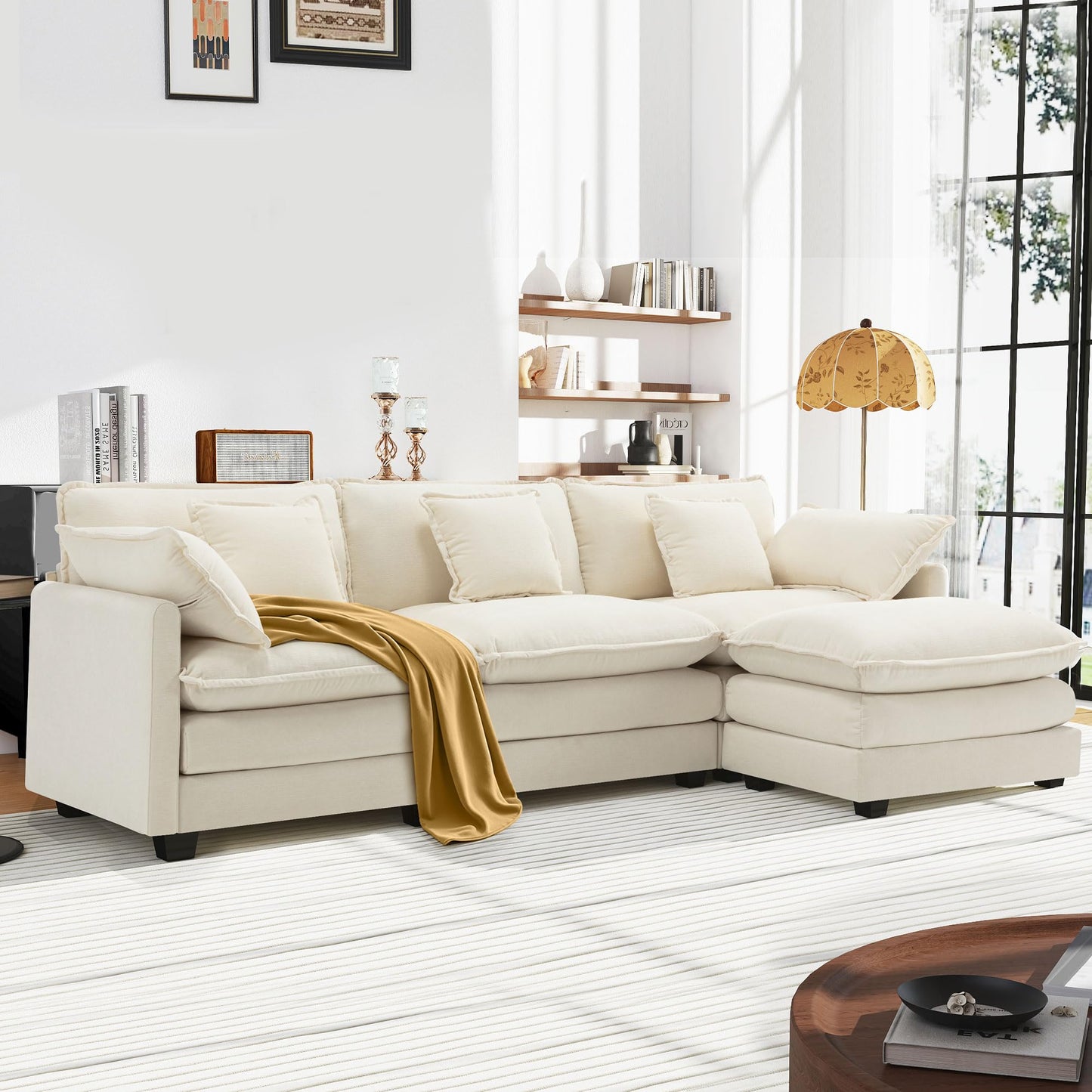 Urhanherry U-Shape Cloud Sofa, Modular Sectional Sofa, 6-Seater with 2 Ottomans, Modern Sofa with Decorative Cushions/Armrests, Breathable Chenille Fabric, U Sofa Couch for Living Room, Beige