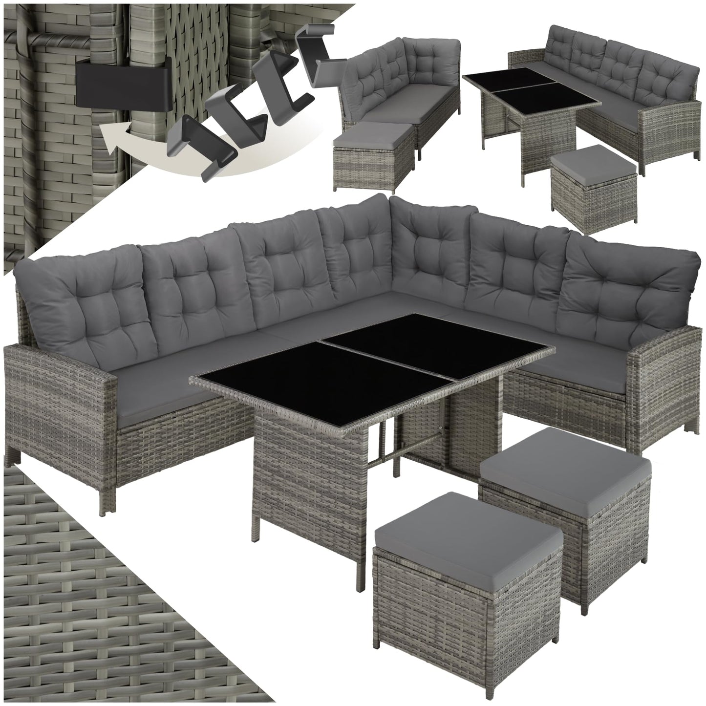 tectake Polyrattan Lounge Set, Garden Furniture Set with Sofa, Stool + Table, Balcony Furniture Outdoor, 5-Piece Seating Set, Including Seat and Back Cushion, Ideal for Garden, Patio, Balcony -