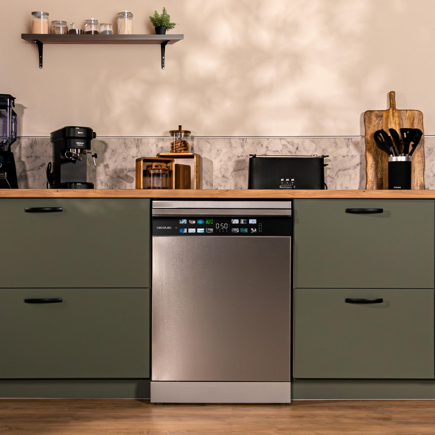 Cecotec Geschirrspüler 60 cm - Freistehend Bolero Aguazero 6210 Dark D. 15 Bestecke, energieeffizient, XXL Fullcolor Display, drittes Fach, 14 Programme, Dual Zone Wash, verstellbares Fach, Dunkel