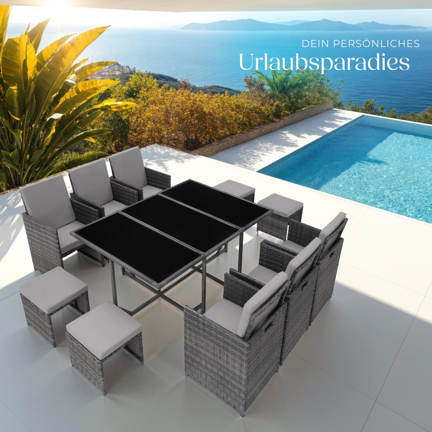 tectake® Outdoor Balcony Garden Furniture Set, Lounge with 6 Chairs, 4 Stools and 1 Table, Poly Rattan Wicker, Weatherproof, Space-Saving - Grey