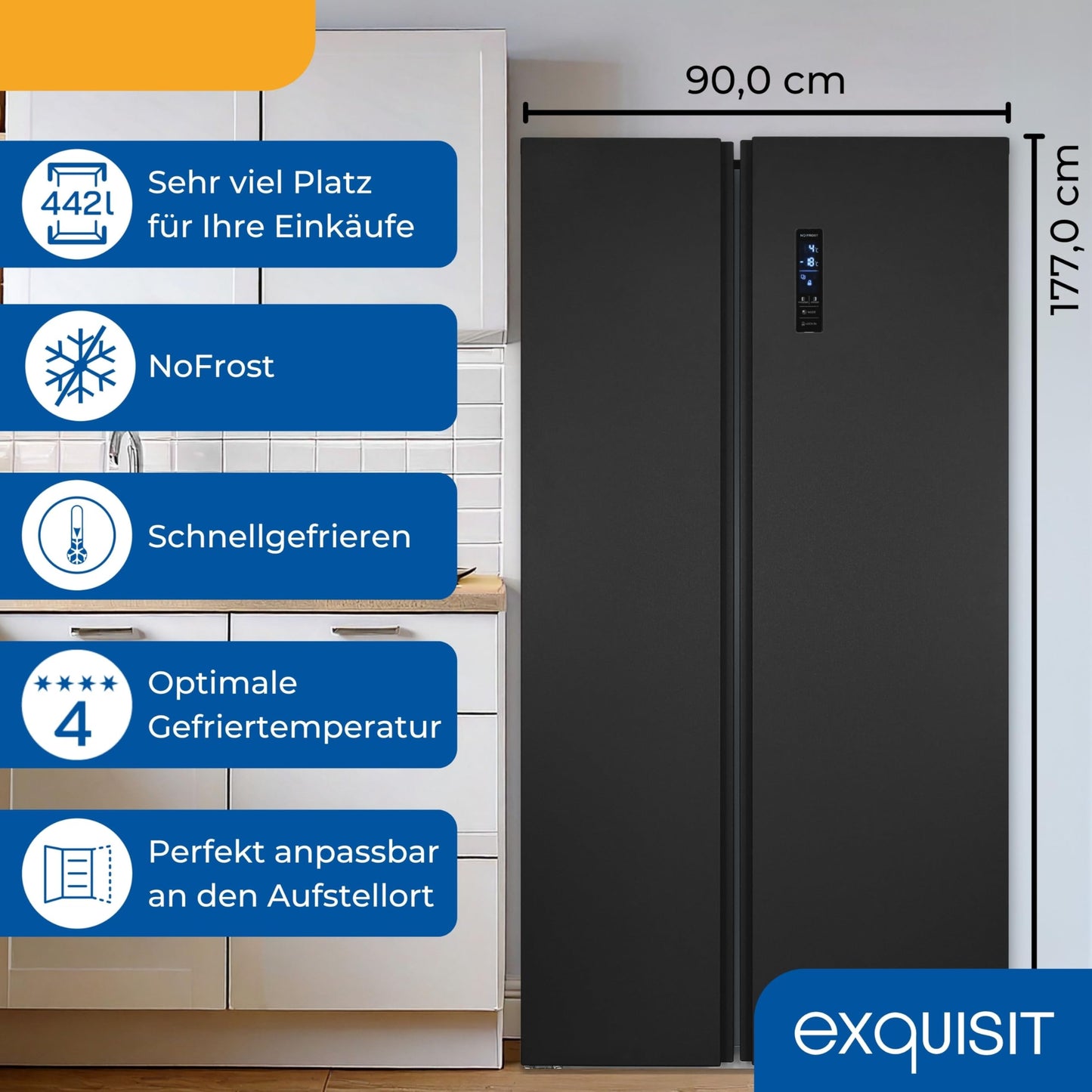 Exquisit Side-by-Side Fridge, Fridge-Freezer, NoFrost, 442 Litres, Quick Freeze, Alarm, 4-Star Freezer, LED Display, SBS546-040E inoxlook-az