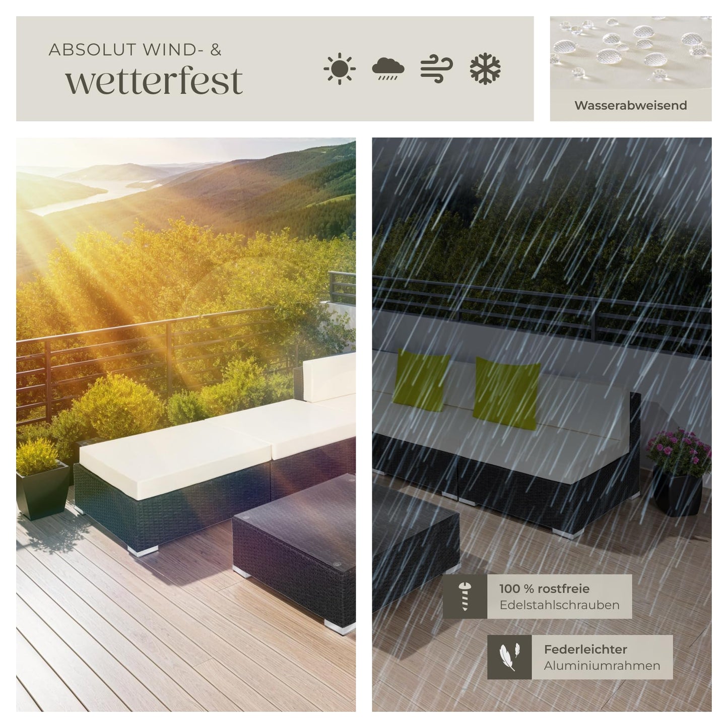 tectake® Aluminium Poly Rattan Lounge, modulares Gartenmöbel Set, großer Outdoor Couch Tisch mit Glasplatte, Sofa Set wetterfest für Garten, Balkon und Terrasse, extra Dicke Polster - grau