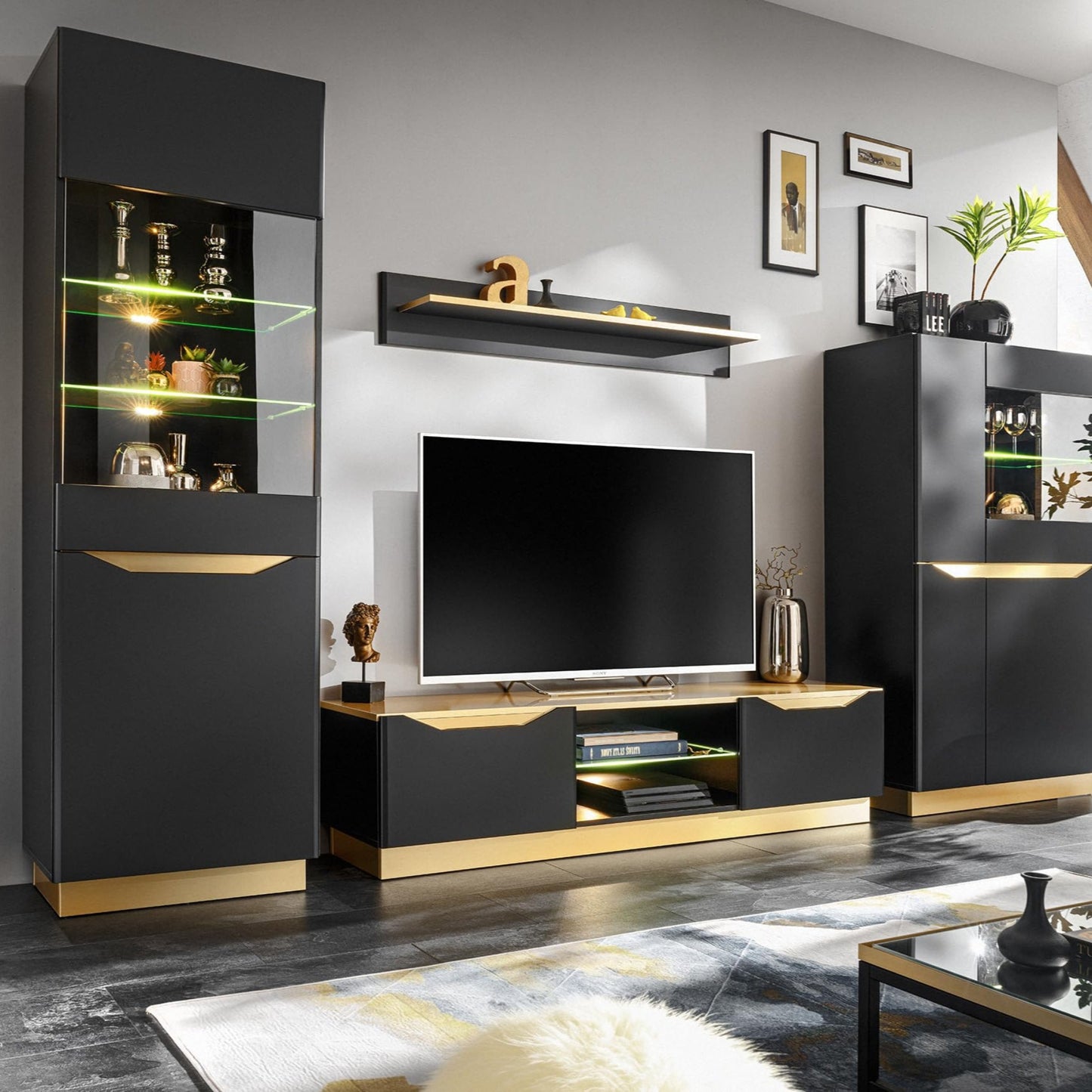Generisch Fame Living Room Set Living Room Wall Shelf TV Wall Matt High Gloss Showcase Cabinet Lowboard Wall Shelf with LED (White/Artisan Oak)