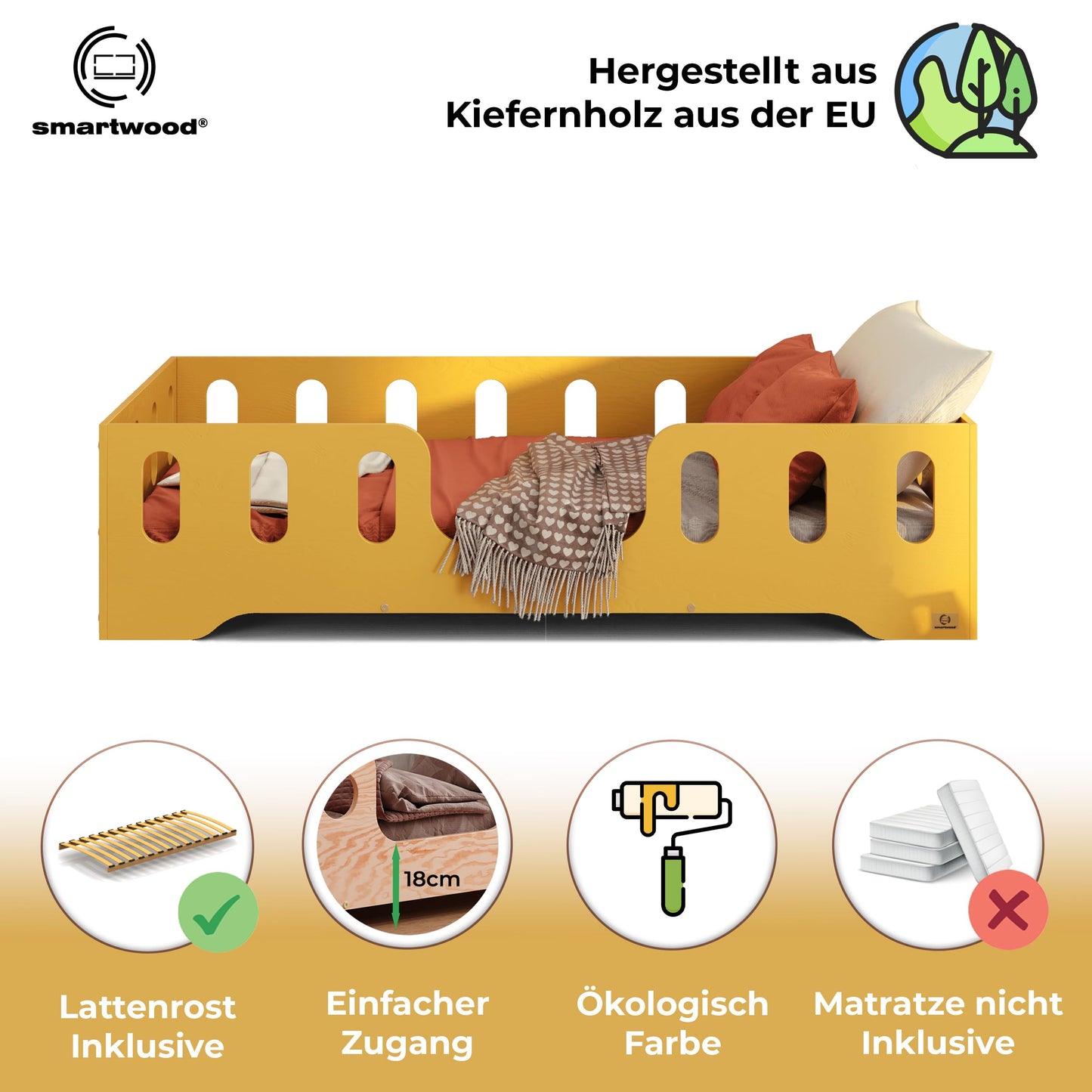 smartwood Montessori Wooden Floor Bed 60 x 120 cm Grey with FSC Certificate TILA 2 with Fall Protection and Slatted Frame Maximum Load 230 kg Easy Assembly