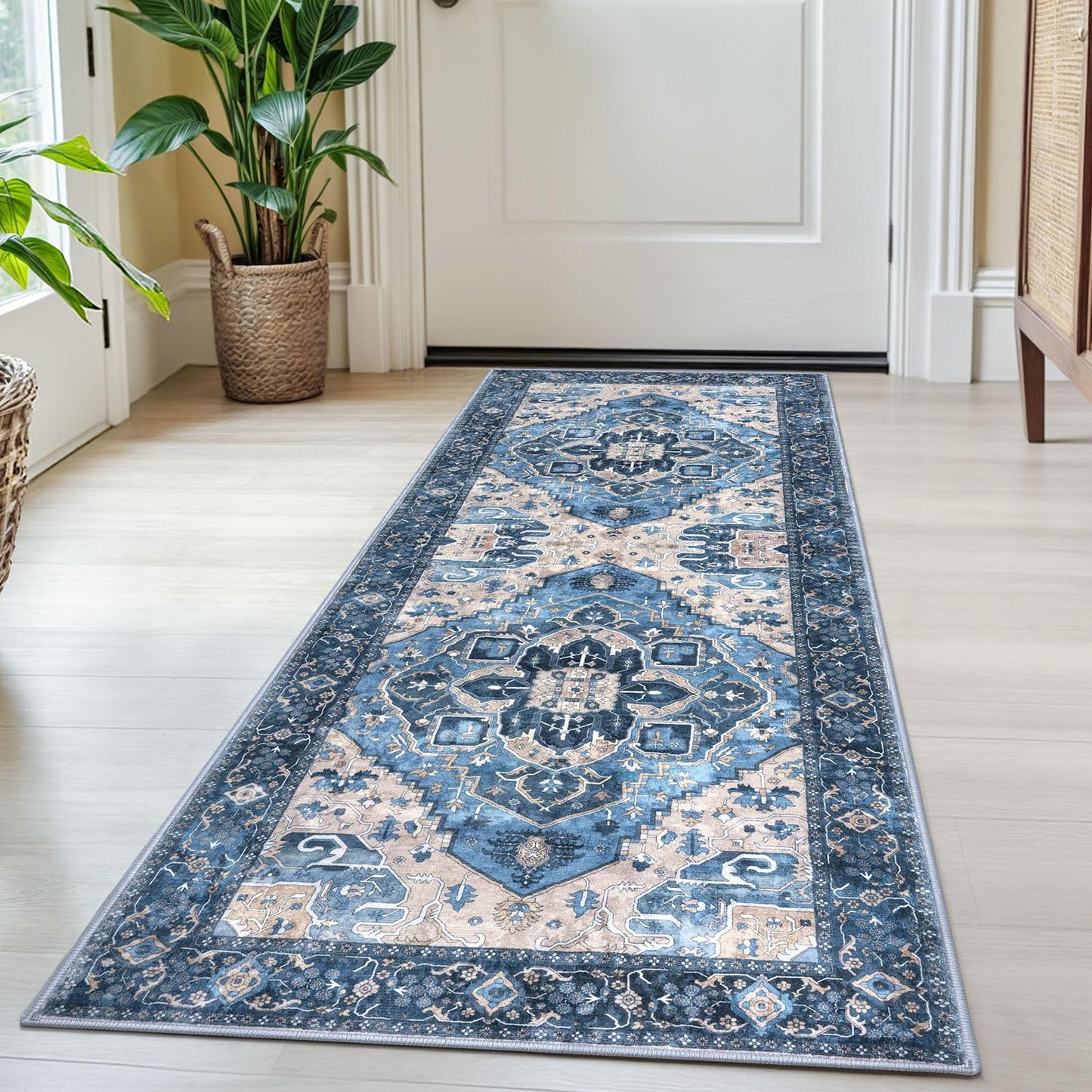 2x3 Blue Washable Rug for Entrance, Soft Traditional Area Rug, Non-Slip Printed Kitchen Rugs, Low-Pile Medallion Indoor Door Mat, Small Farmhouse Carpet for Entryway Kitchen Foyer Bedside