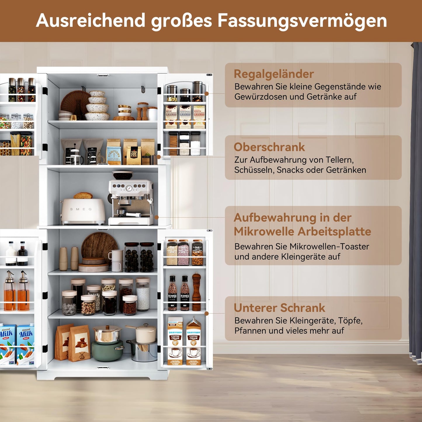 HOLTICO Küchenschrank mit Arbeitsplatte, Hochschrank Küchenbuffet Buffetschrank, Esszimmerschrank, Speisekammer mit Türen und Regalen für Esszimmer, Wohnzimmer, Waschküche,Schwarz
