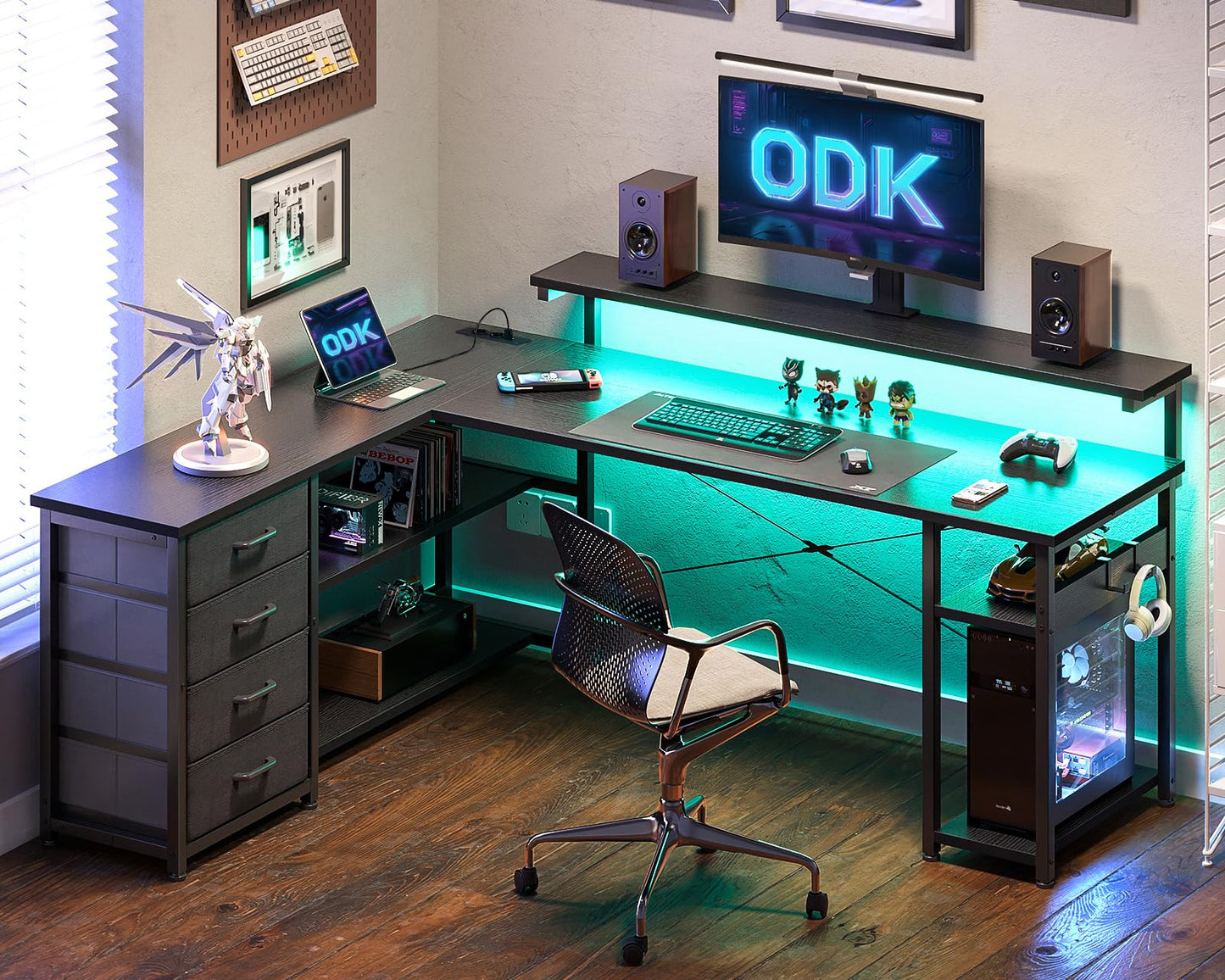 ODK Schreibtisch mit Schubladen, Reversible Eckschreibtisch mit 2 Steckdosen und 2 USB Ladeanschluss, Bürotisch L Form mit LED für Home Office 155×110cm (Alles Weiß)