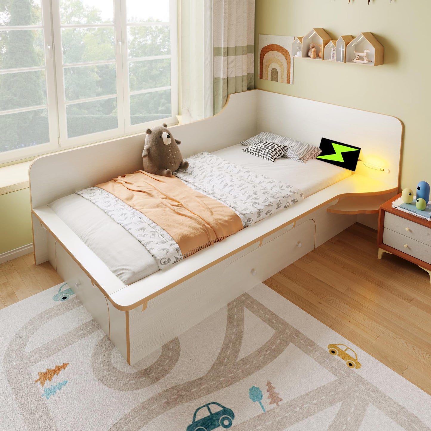 RIAZOS Kinderbett Holzbett 90x200 cm, Massiveholz Einzelbett mit Schreibtisch und Schubladen, Stauraumbett mit Lattenrost, für Jungen & Mädchen, ohne Matratze, Weiß