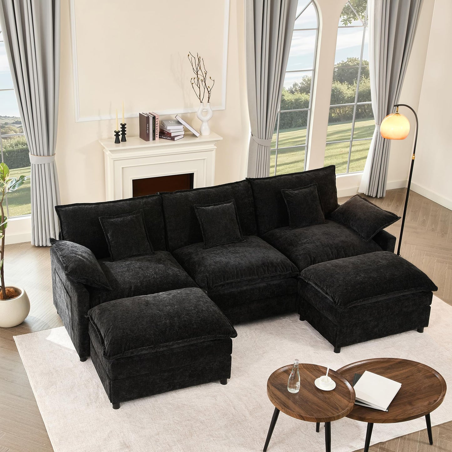 Litbird U-förmiges modulares Sofa 3-Sitzer Ecksofa mit Hocker, tiefes Sitzdesign, Cloud Couch für Wohnzimmer(Hellbraun)