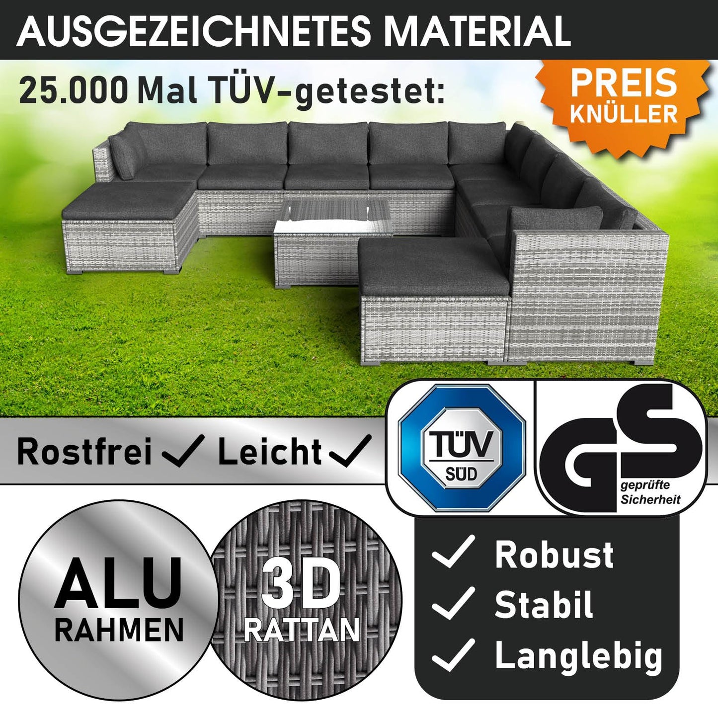 BRAST® Gartenmöbel Lounge Set XXL | 8-12 Personen viele Modelle & Farben | inkl. extra Dicke Kissen | TÜV geprüft | Outdoor Loungemöbel Sitzgruppe Essgruppe Garnitur | Dreams Grau