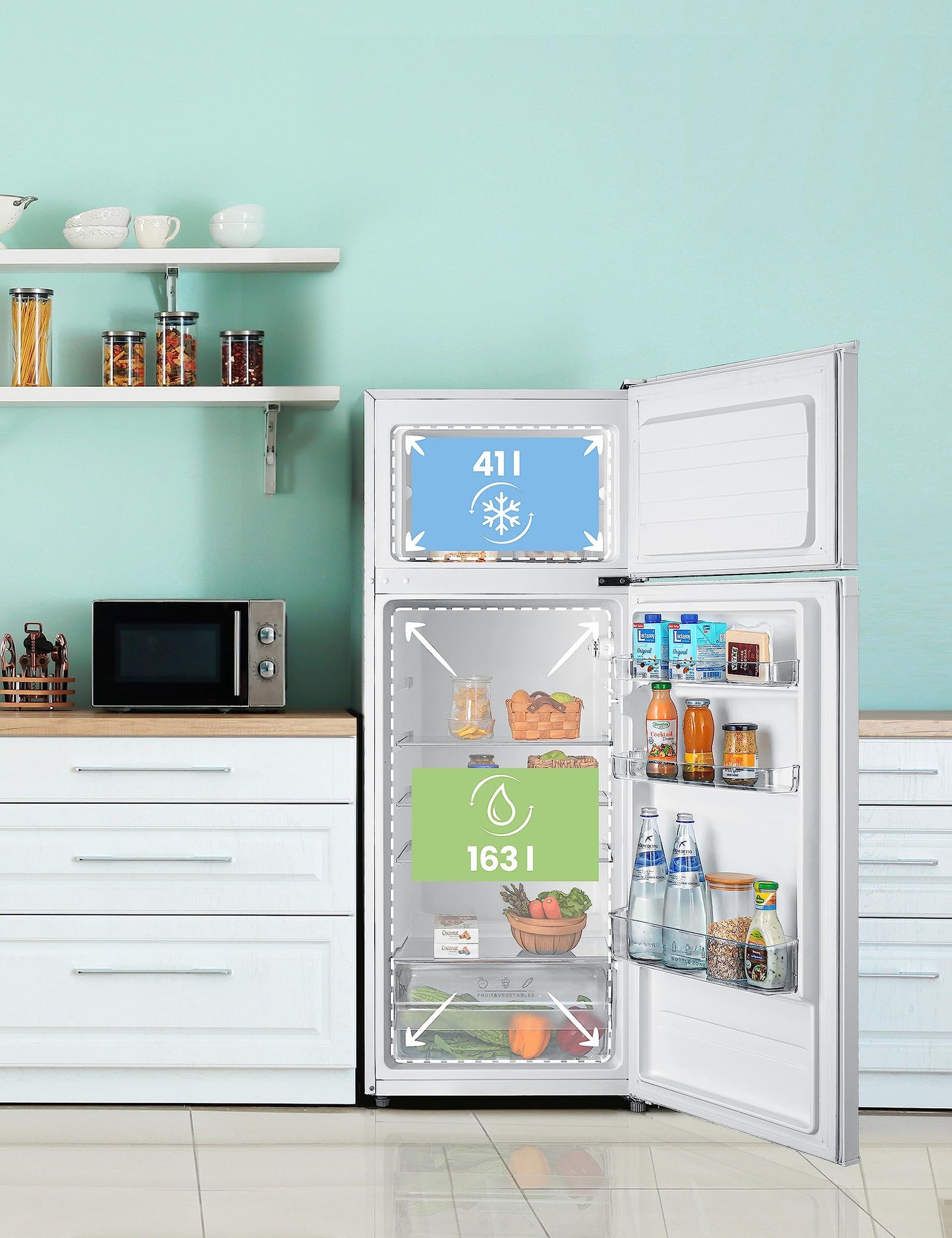 Comfee RCT284DK2A Fridge/Freezer, Top Freezer Compartment, 176 kWh/Year, 143 cm Height, LED Light, Reversible Door Hinge, Black