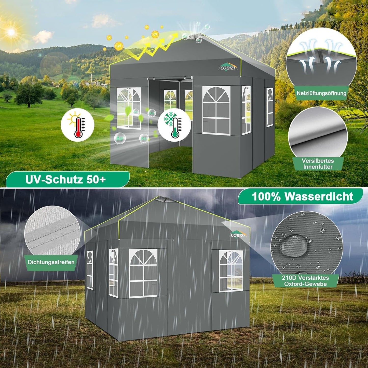 COBIZI Faltpavillon 3x6 Pavillon wasserdicht Winterfest, Ein-Tasten-Zentralverriegelung Partyzelt Faltbar Anti-UV mit 6 Seitenwänden, Gartenpavillon mit Leuchtstreifen für Hochzeiten, Freien, Garten