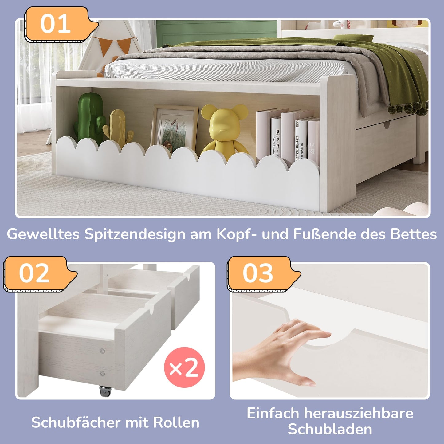 RIAZOS Kinderbett Holzbett 90x200 cm, Massiveholz Einzelbett mit Schreibtisch und Schubladen, Stauraumbett mit Lattenrost, für Jungen & Mädchen, ohne Matratze, Weiß