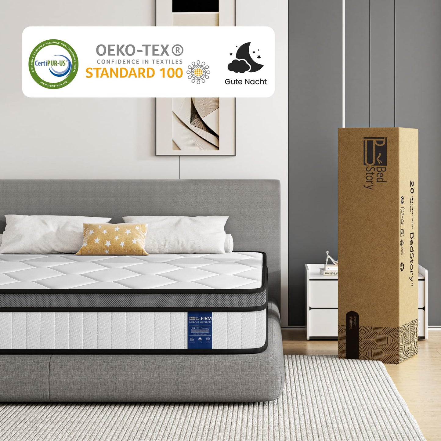 BedStory Mattress 160 x 200 cm, Spring Mattress H3 Height 20 cm Pocket Spring Mattress Medium Firm Orthopaedic, Oeko-Tex Certified, Mattress for Children and Adults