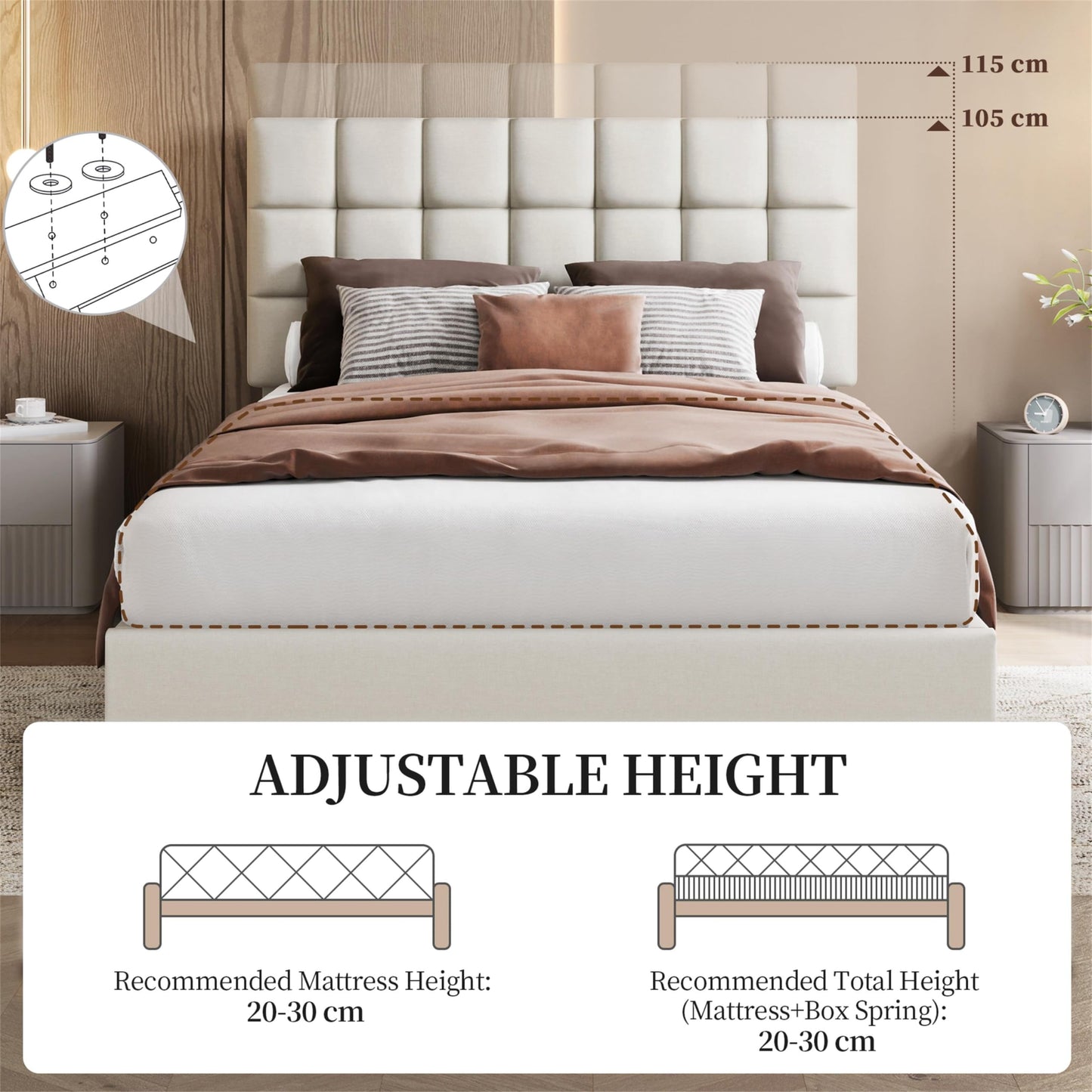 Yaheetech Upholstered Bed 140 x 200 cm Double Bed with Height-Adjustable Headboard, Sturdy Bed Frame, Fabric Bed with Slatted Frame, Padded Bed Frame, Youth Bed, Dark Grey