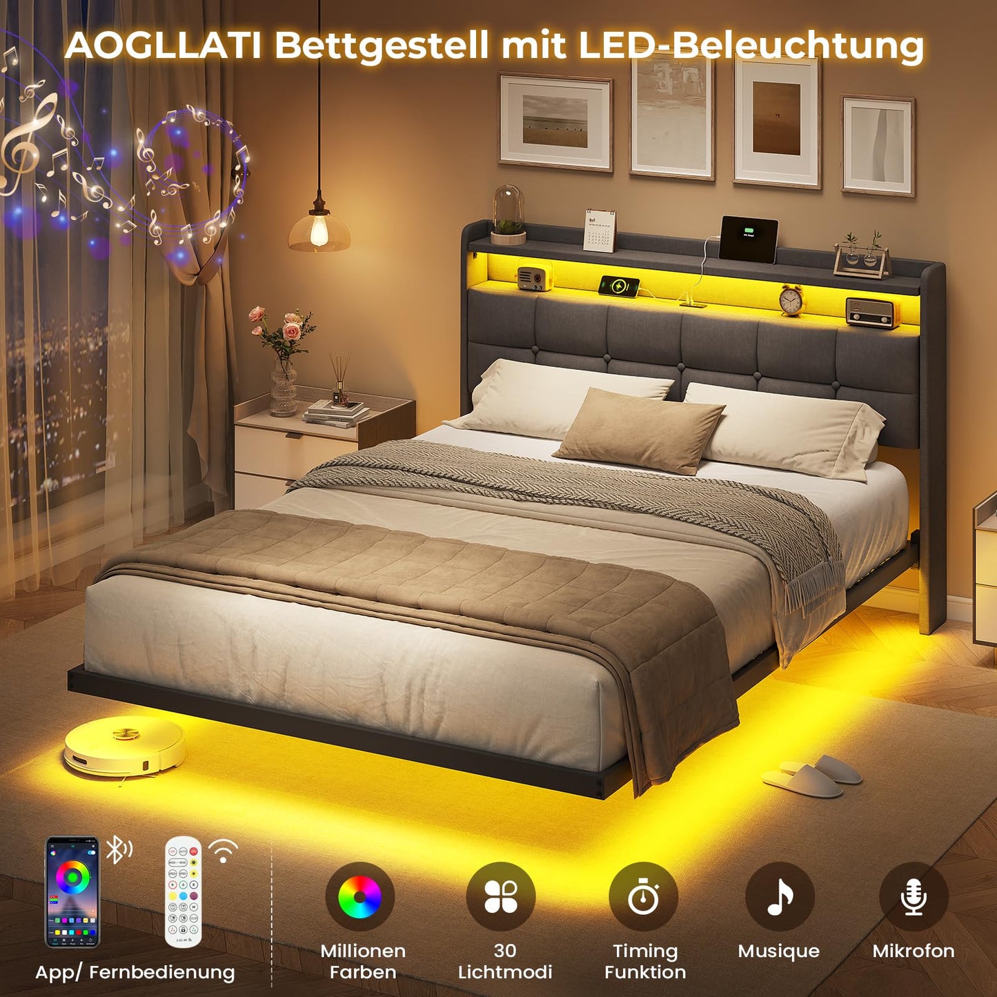 AOGLLATI Upholstered Bed 140 x 200 cm, Double Bed Frame, Bed Frame with LED Lighting and Charging Station, Bed Frame with Headboard, Bed Floating Bed Frame, Metal Bed, Linen, Dark Grey (without