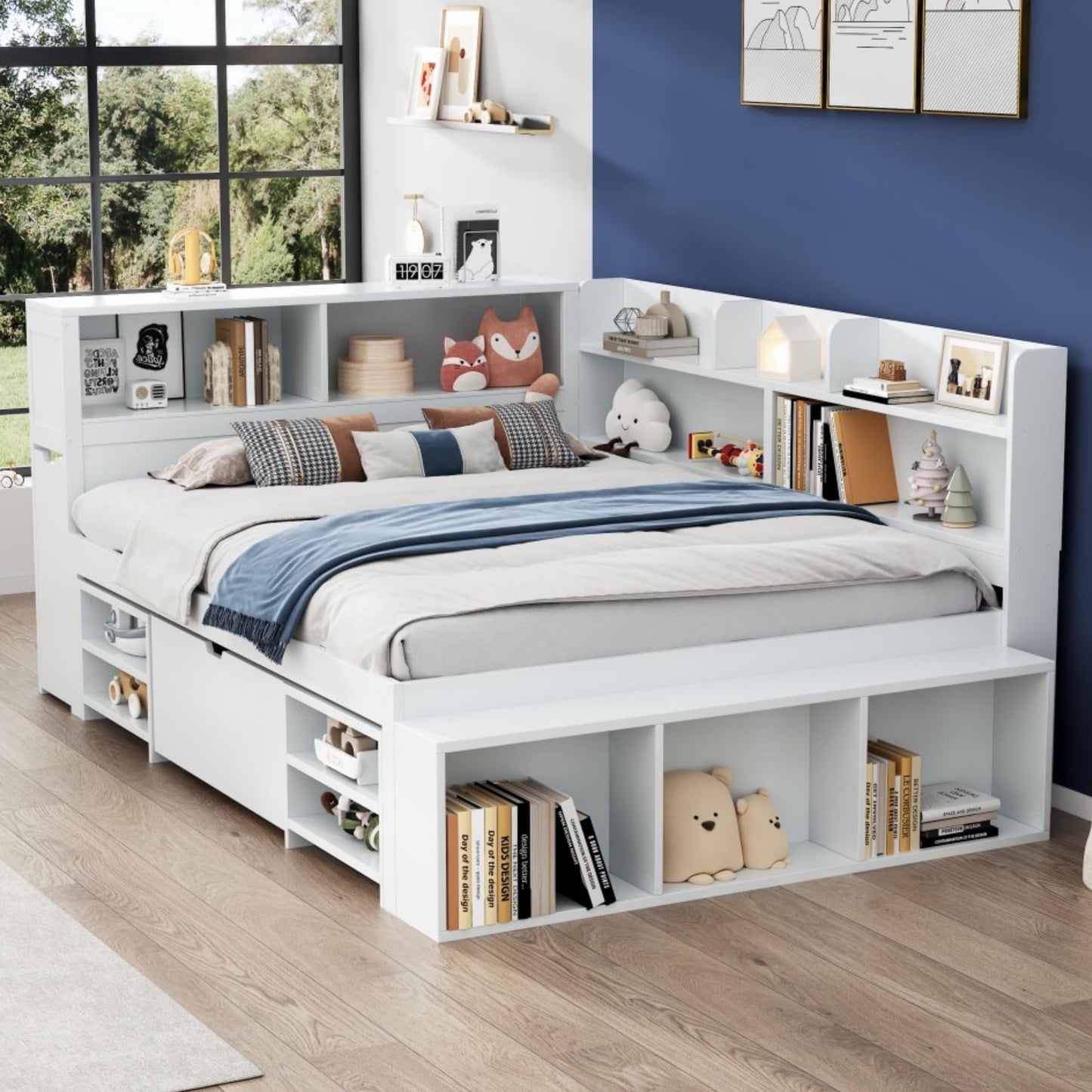 Children's Bed 90 x 200 cm, Wooden Bed with Drawers and Board, Headboard with Bookshelf and Fall Protection, Bed with Slatted Frame and Storage Space, Teenager's Bed, Functional Bed, Wooden Bed Frame,