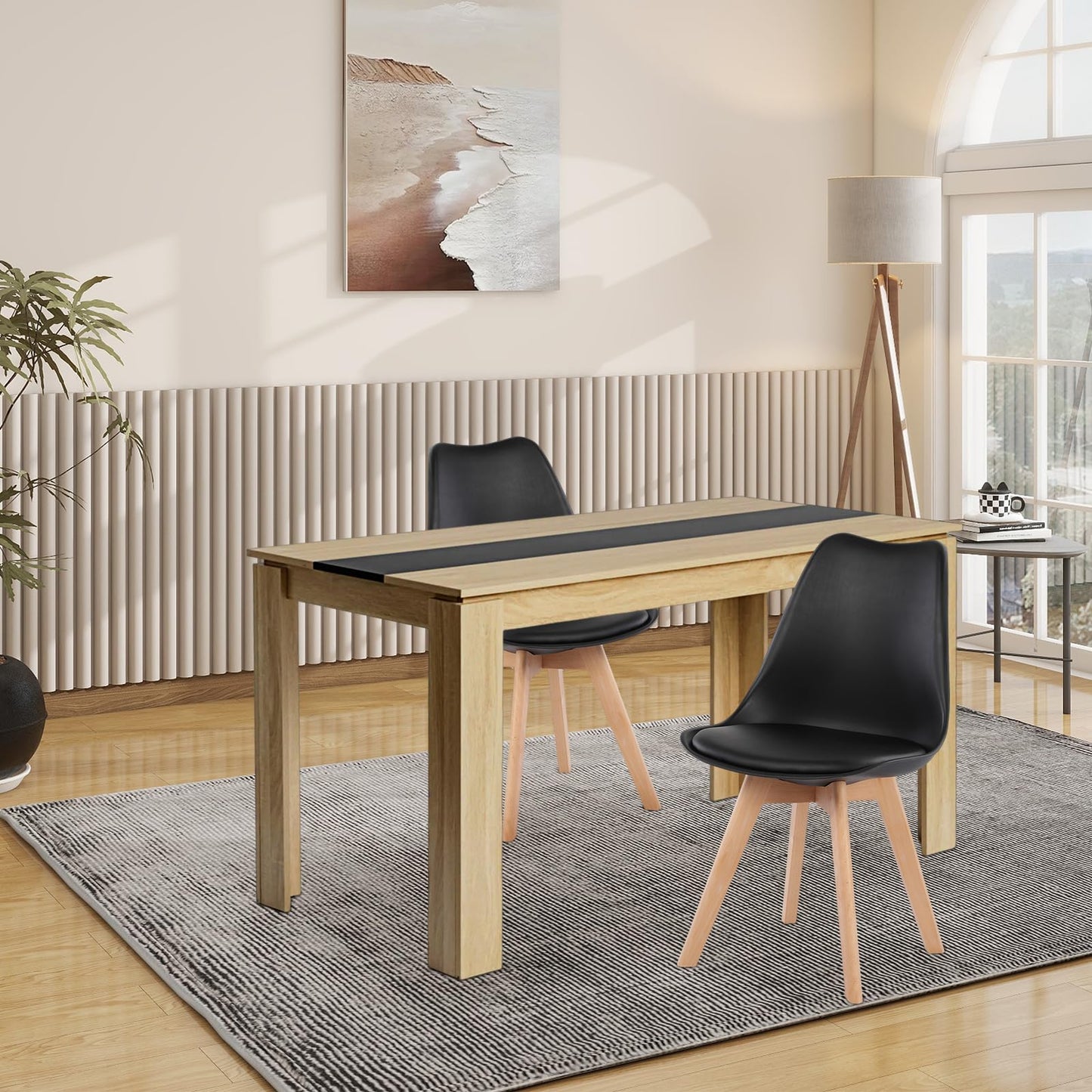 FURNITABLE Dining Table with 6 Chairs, Dining Room Group, Set of 6 Dining Room Chairs and 140 cm Rectangular Wooden Table Dining Set for Living Room, Kitchen, Office (Oak-Black Table + 6 Black Chairs)