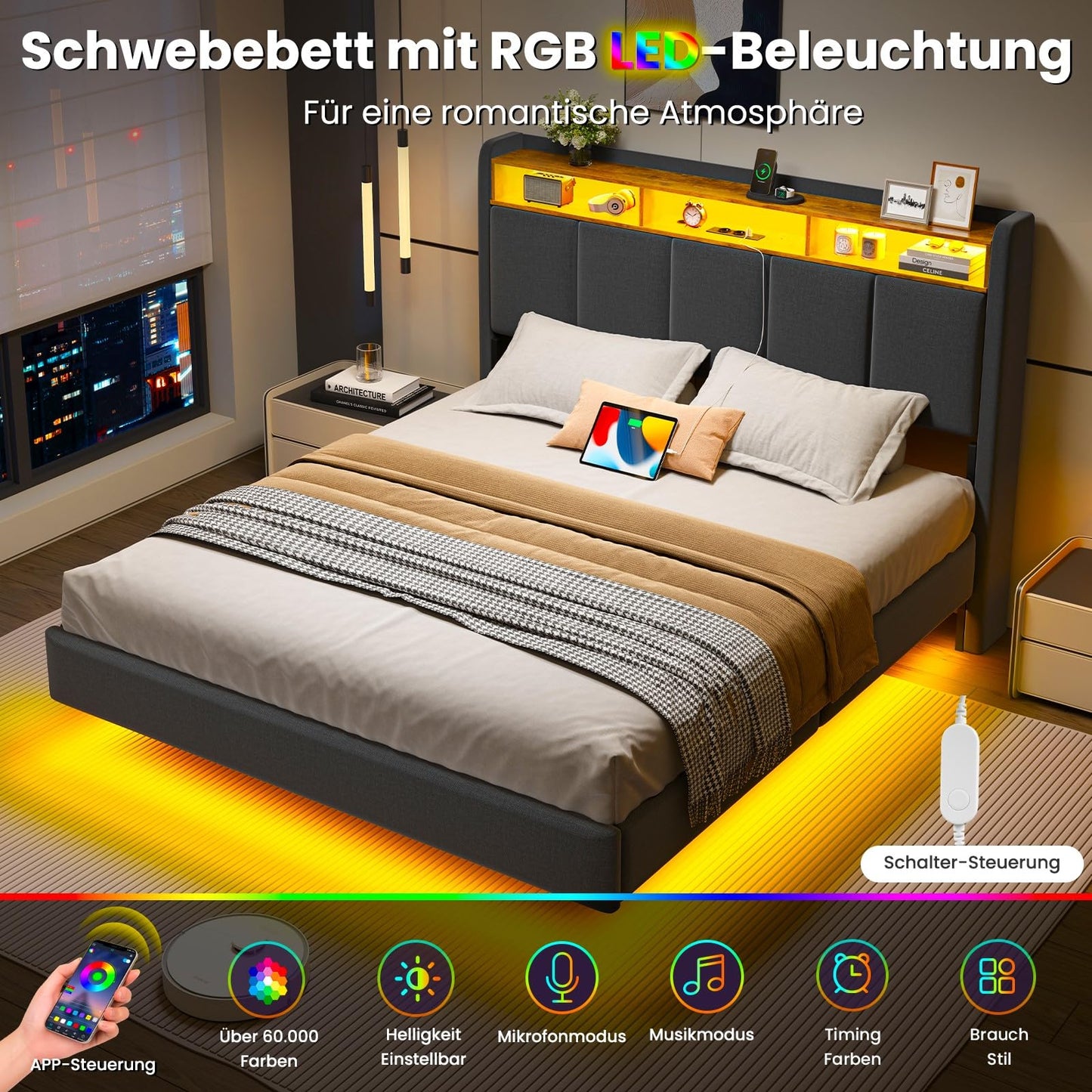 Brinlawb Upholstered Bed 140 x 200 cm Floating Bed with LED Lighting, Headboard and Charging Station (2 AC Sockets, 2 USB Ports), Bed 140 x 200 cm with Storage Space, Modern Double Bed with Slatted