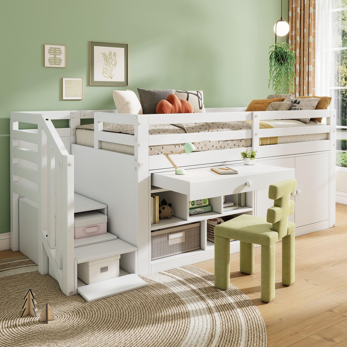 TZCIN Kinderbett 140x200 cm Doppelbett, Holzbett mit Stauschrank, Bücherregal, Regal und Schubladen, Flachbett Stauraumbett Funktionsbett Jugendbett, Bettgestell mit Lattenrost, Ohne Matratze, Weiß