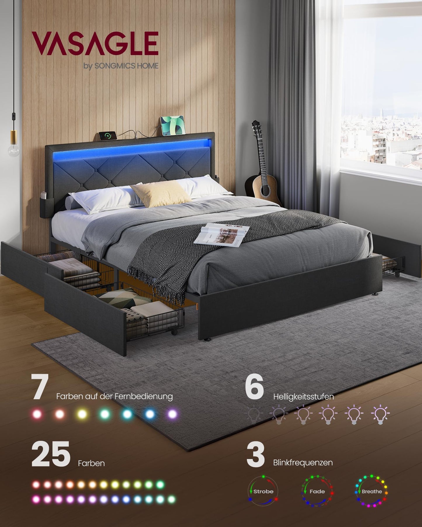VASAGLE Double Bed Frame - Fits 140 x 200 cm Mattress - LED Metal Bed - 4 Drawers - Charging Station - Adjustable Padded Headboard - Slate Grey RMB827G02