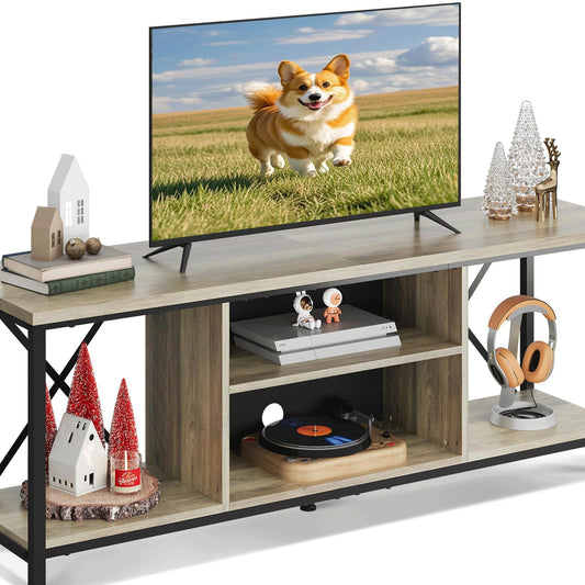 WLIVE TV Schrank, TV Lowboard für Fernseher bis zu 65 Zoll, TV Board Fernsehschrank mit Offenen Stauraum, 140 x 40 x 49 cm, Fernsehtisch für Wohnzimmer und Schlafzimmer, Vintagebraun-Schwarz