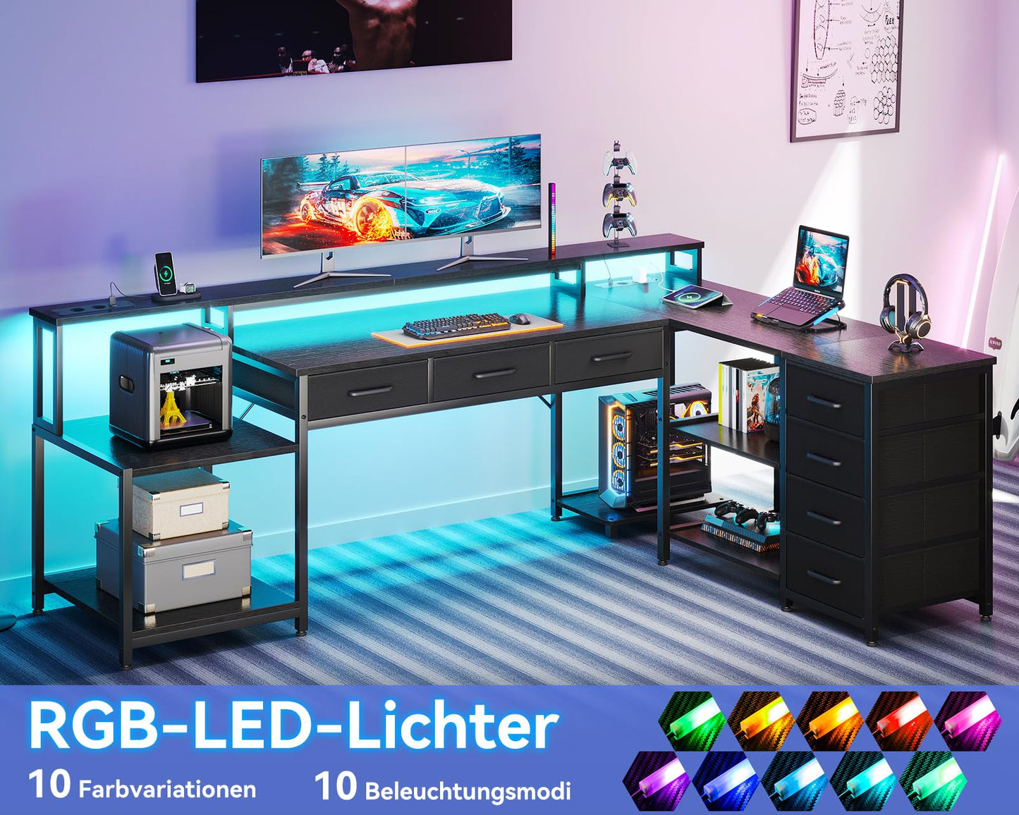Coleshome Gaming Tisch mit 7 Schubladen & Großzügigem Stauraum, Eckschreibtisch mit RGB LED, Reversibler Schreibtisch L Form mit 2 Steckdosen, Ideal für Büro & Gaming, 179.5×135.5cm, Weiß