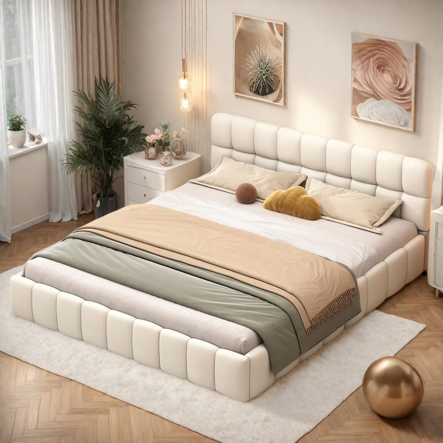 DULRLLY Bubble Bett Polsterbett 140x200 cm,Doppelbett mit Lattenrost, Jugendbett mit Gepolstertes Kopfteil, Gepolstertes Bett für Schlafzimmer und Gästezimmer,ohne Matratze, Leinenstoff (Weiß)
