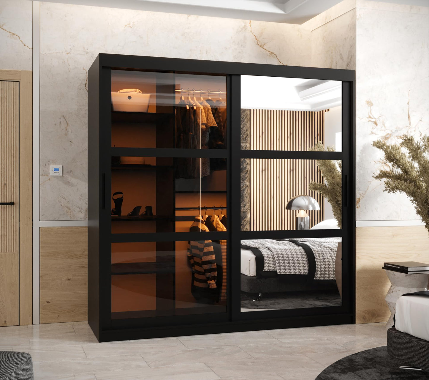 MEBLE KRYSPOL Dome 2 Schrank mit DREI Schiebetüren mit Spiegel, Stangen und Regalen - Aufbewahrungsschrank mit Rauchglas für Schlafzimmer, Wohnzimmer - 200x250x62cm - Schwarz, Schwarz, Schwarz